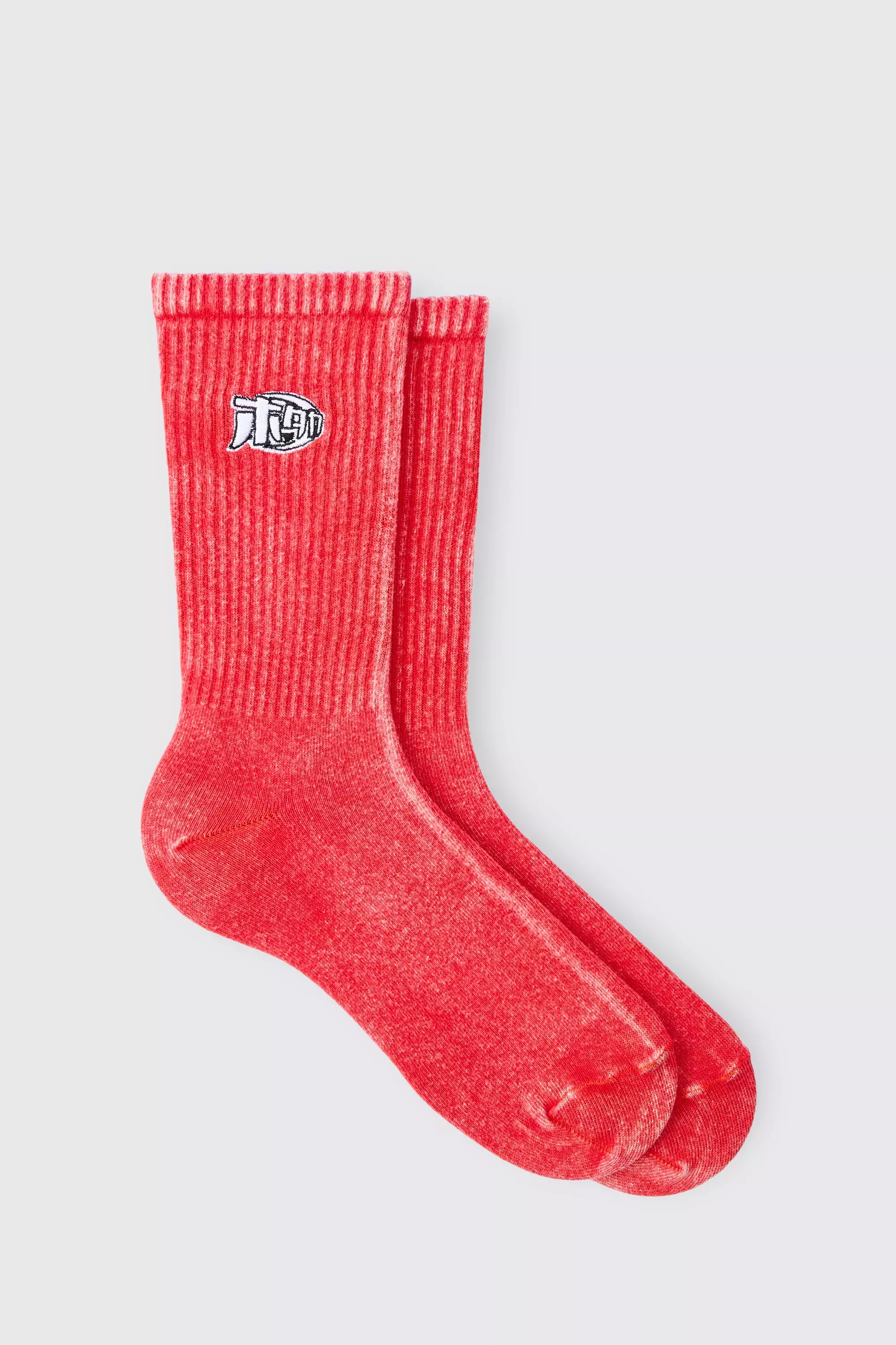 Red Acid Wash Man Embroidered Socks In Red