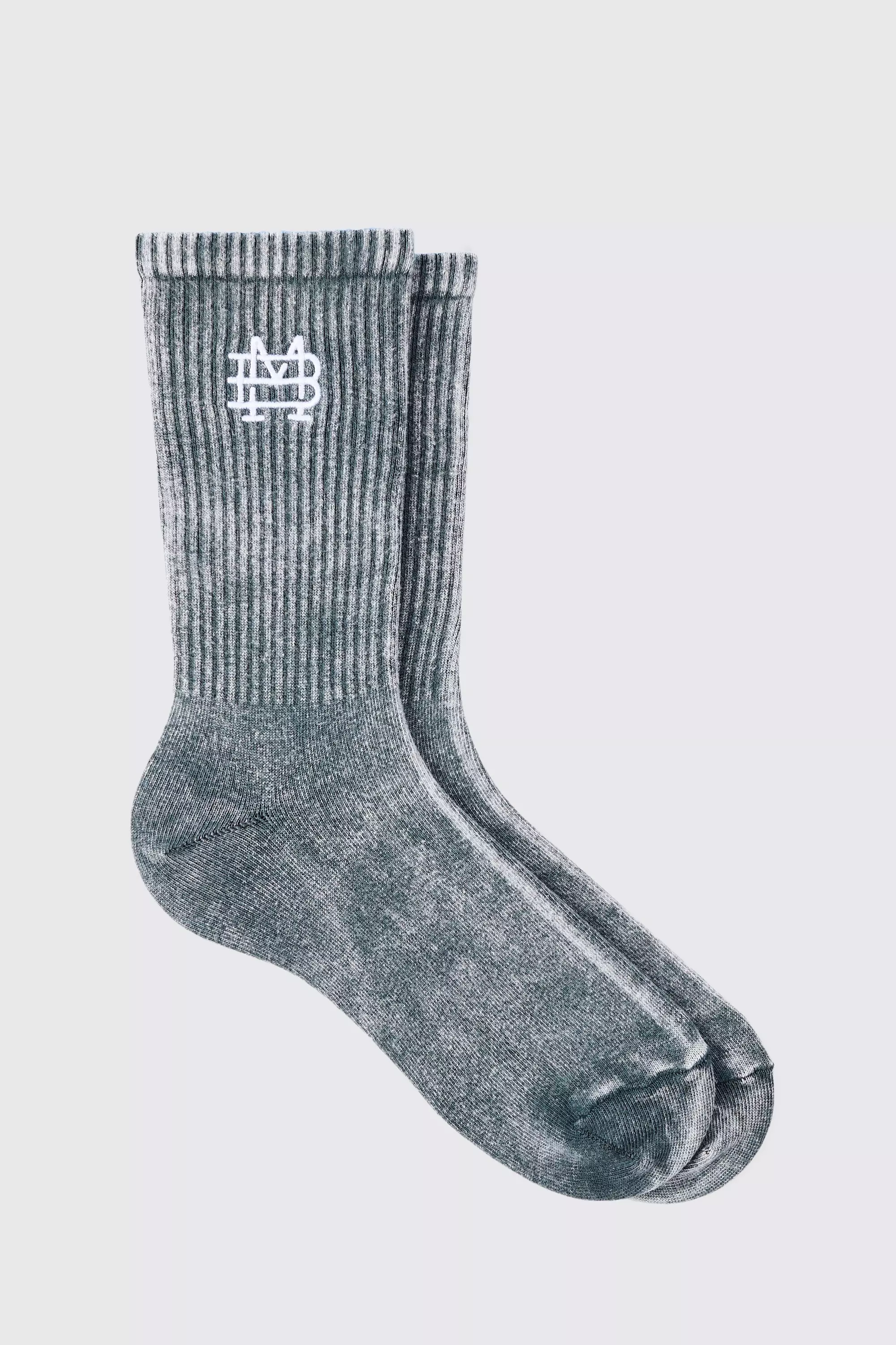 Acid Wash Bm Embroidered Socks In Charcoal Charcoal