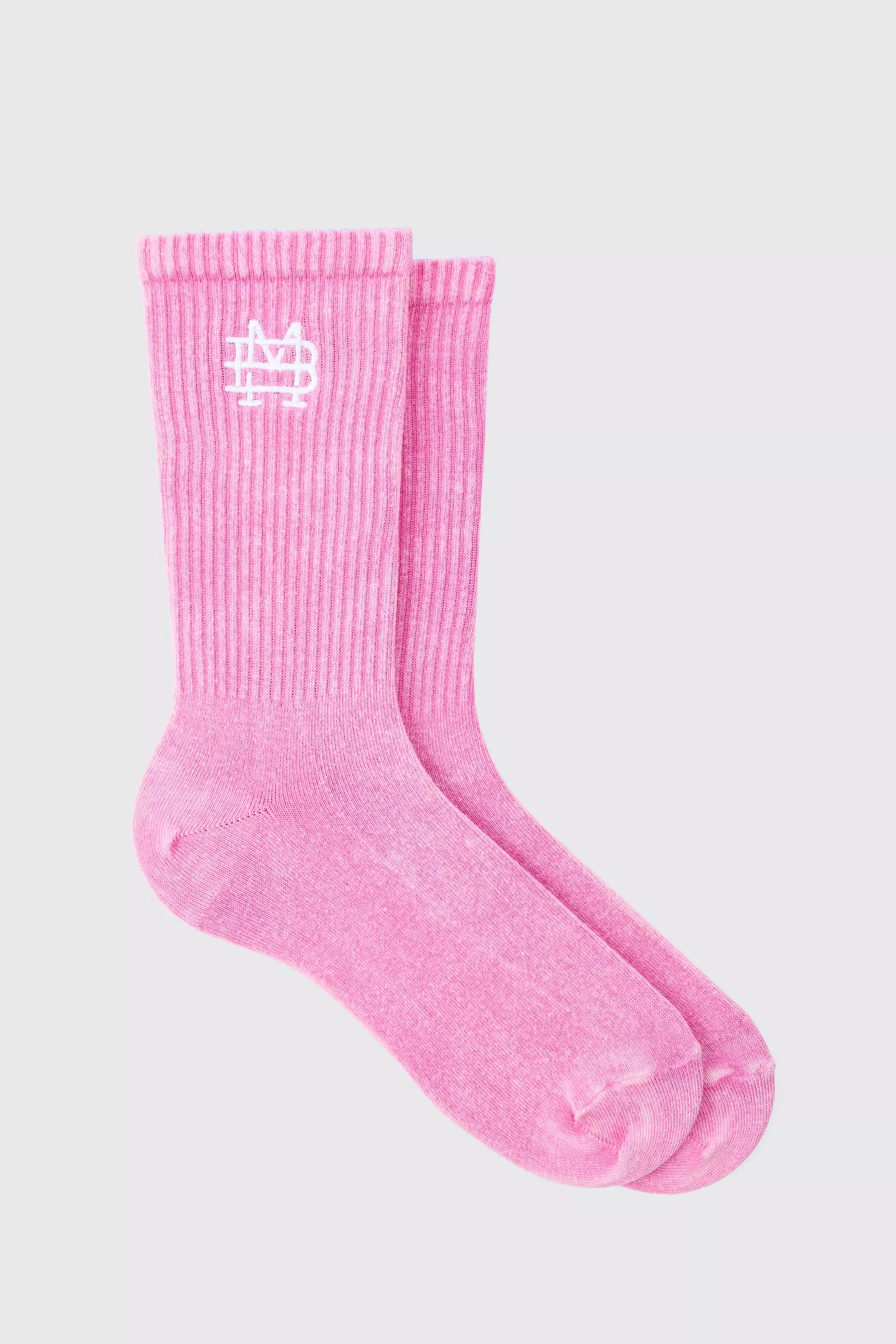 Acid Wash Bm Embroidered Socks In Pink Pink