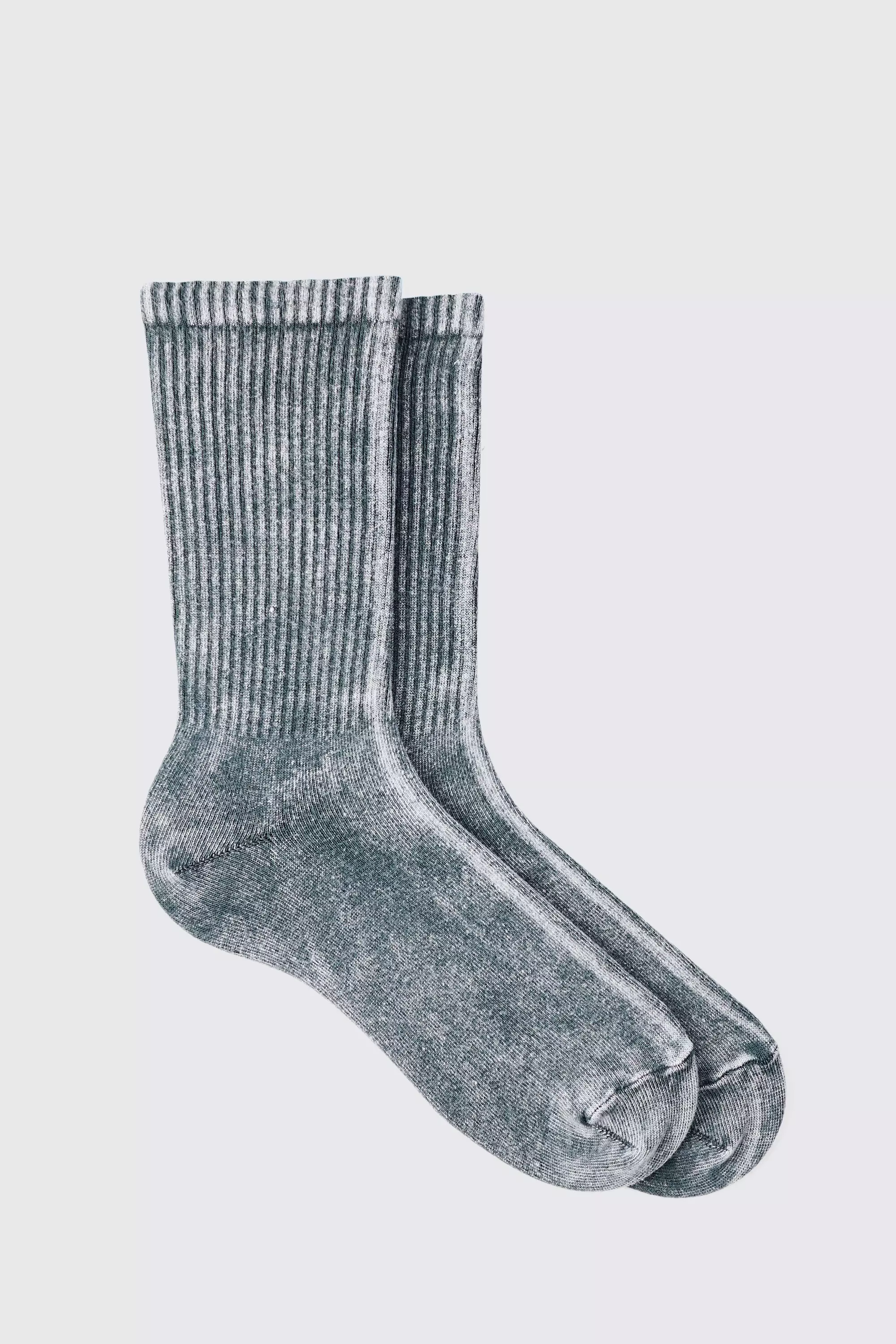 Acid Wash Plain Ribbed Sports Socks In Charcoal Charcoal