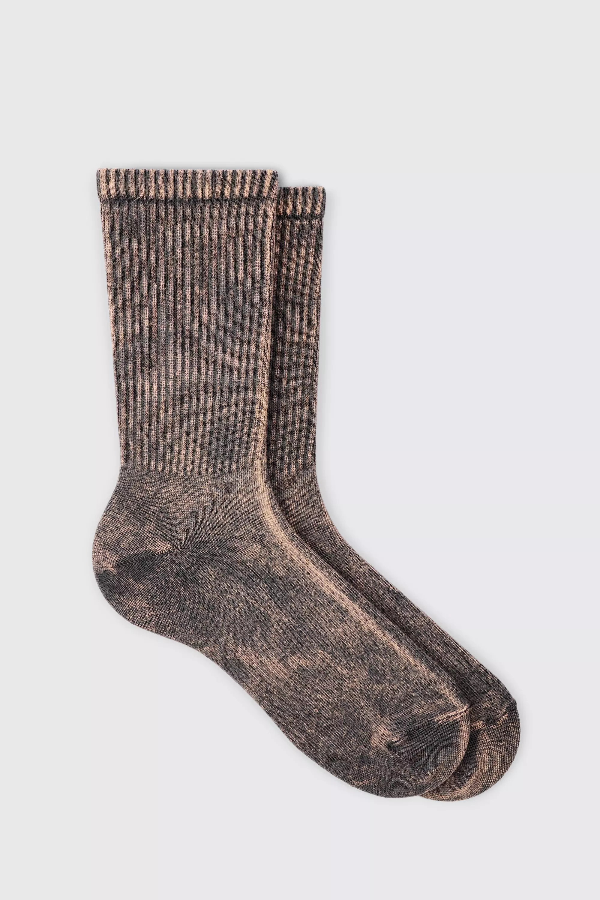 Acid Wash Plain Ribbed Sports Socks In Brown Brown