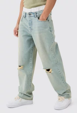 Blue Baggy Rigid Boxer Waistband Ripped Knee Jeans In Antique Blue