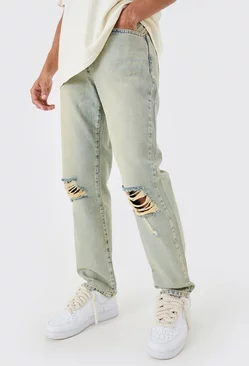 Blue Relaxed Rigid Ripped Knee Jeans In Antique Blue