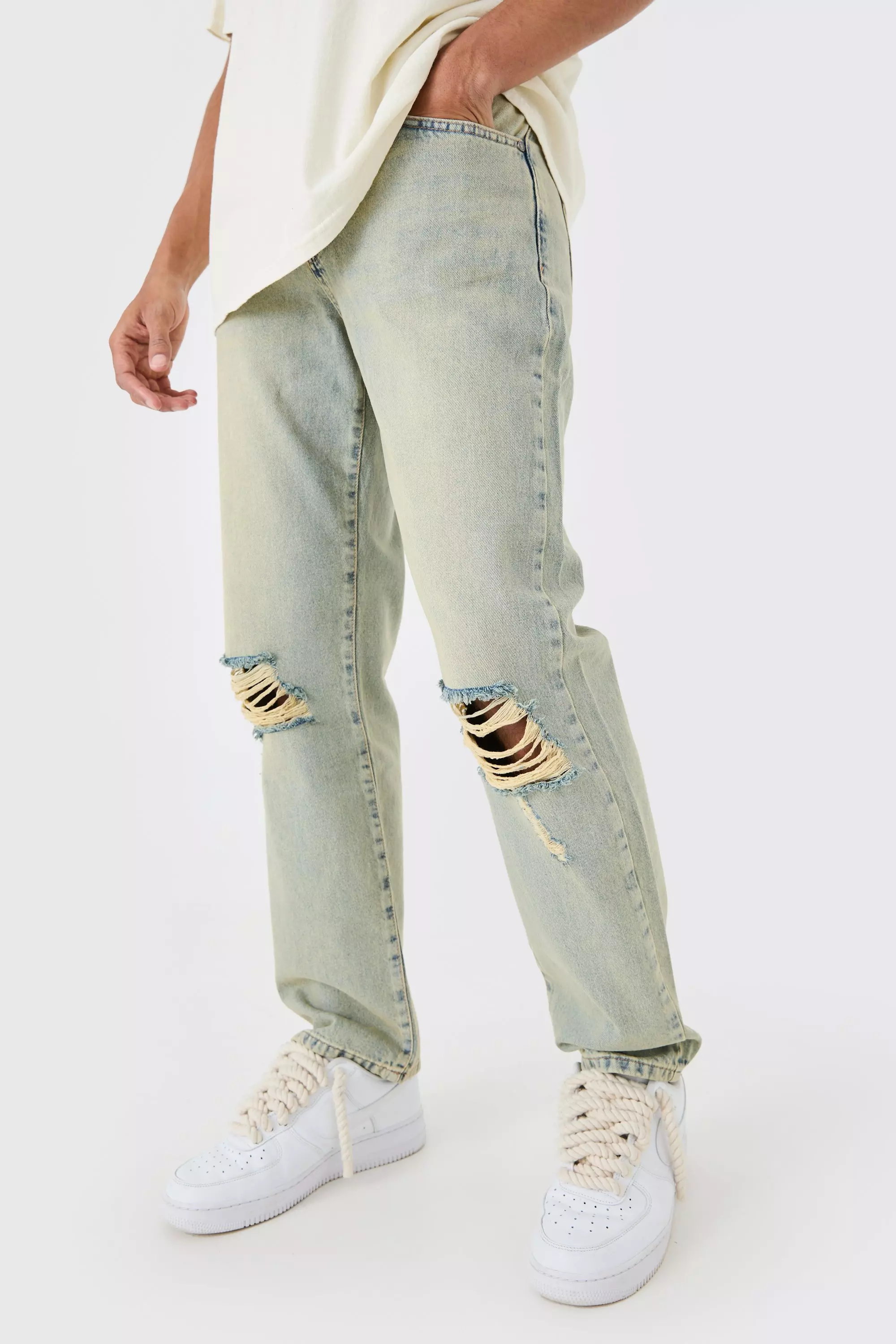 Relaxed Rigid Ripped Knee Jeans In Antique Blue Antique blue