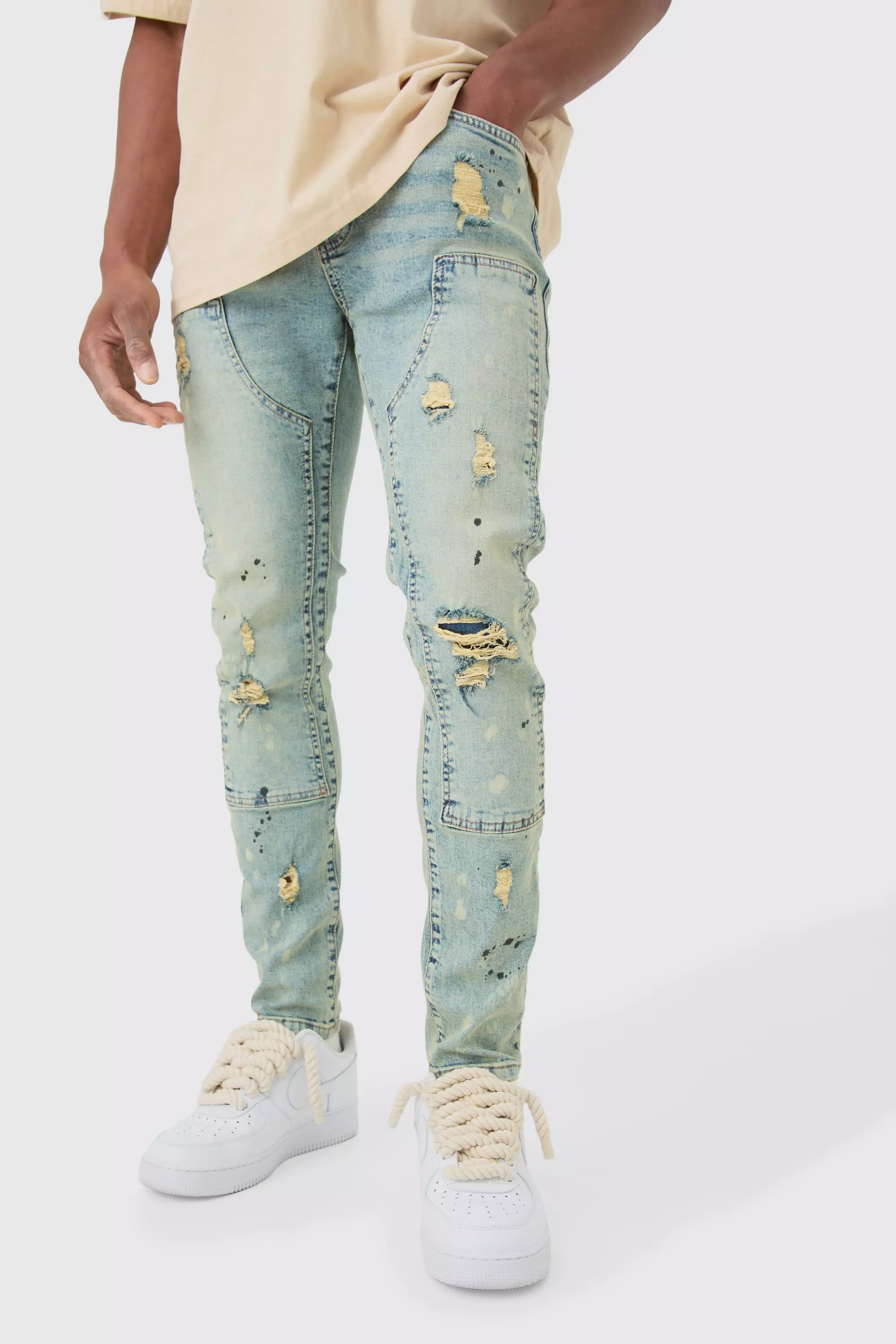 Skinny Stretch Ripped Carpenter Jeans In Antique Blue Antique blue