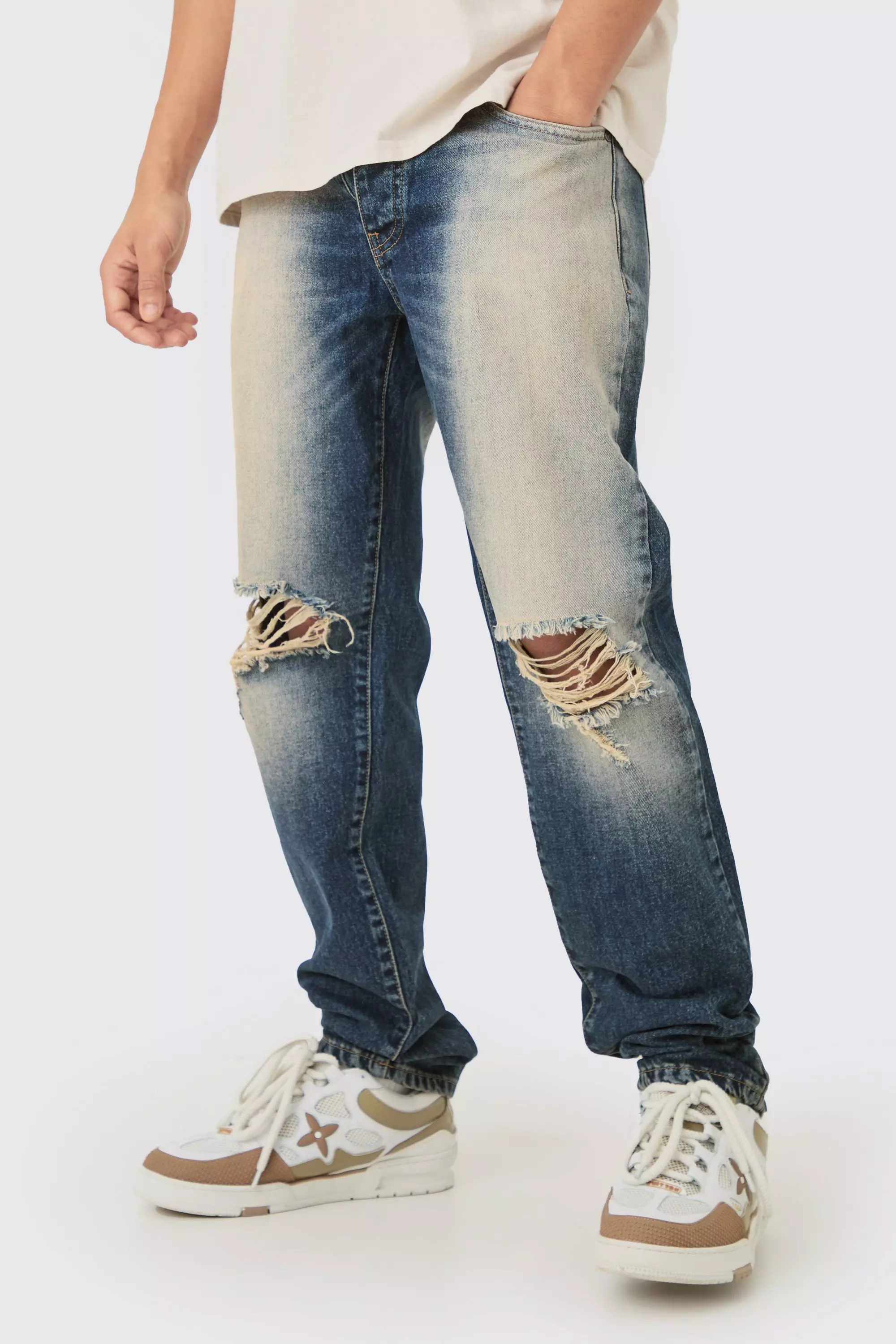 Blue Straight Rigid Washed Blue Ripped Knee Jeans