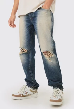 Blue Straight Rigid Washed Blue Ripped Knee Jeans
