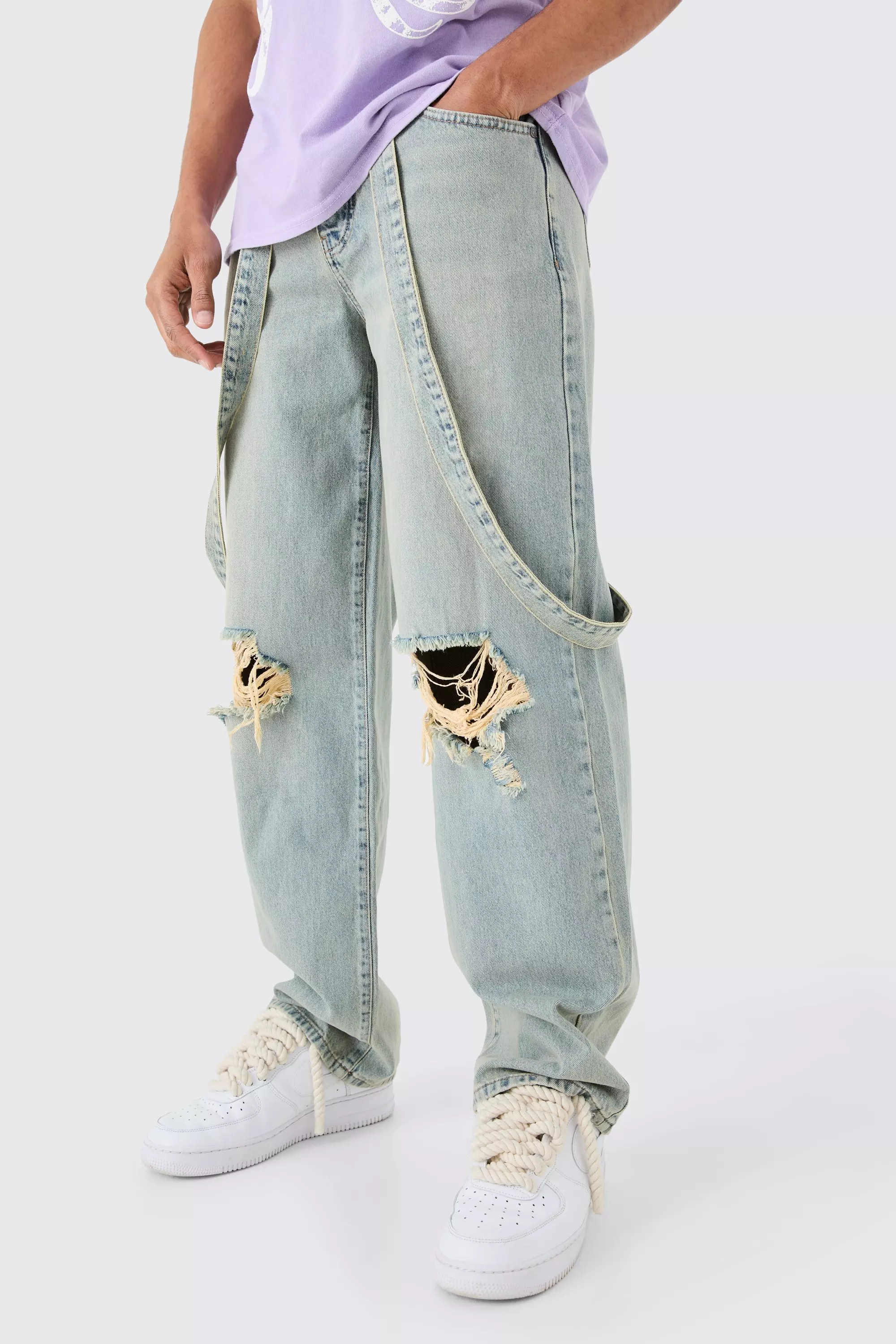 Baggy Rigid Strap Detail Ripped Knee Jeans In Antique Blue Antique blue