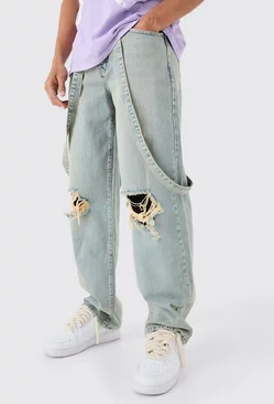 Blue Baggy Rigid Strap Detail Ripped Knee Jeans In Antique Blue