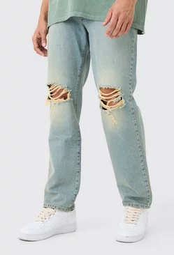 Blue Relaxed Rigid Ripped Knee Jeans In Antique Blue