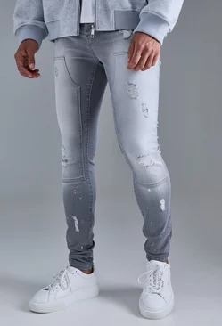 Skinny Stretch Stacked Ripped Carpenter Zip Hem Jeans In Grey Grey