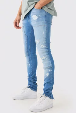 Blue Skinny Stretch Stacked Ripped Carpenter Zip Hem Jeans In Light Blue