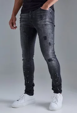 Black Skinny Stretch Stacked Ripped Carpenter Zip Hem Jeans In Black