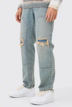 Blue Relaxed Rigid Ripped Carpenter Jeans In Vintage Blue