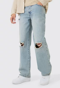 Blue Baggy Rigid Ripped Knee Jeans In Washed Light Blue