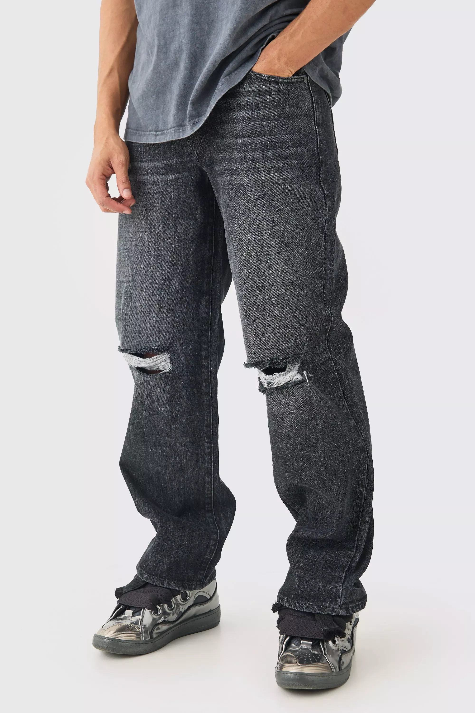 Baggy Rigid Black Wash Ripped Knee Jeans Black