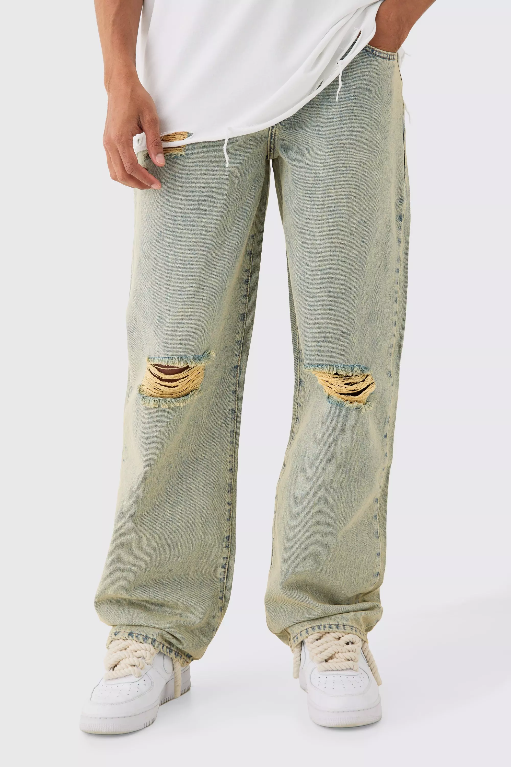 Green Baggy Rigid Green Tint Ripped Knee Jeans