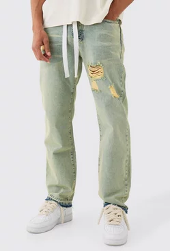 Relaxed Rigid Ripped Let Down Hem Jeans With Extended Drawcords In Green Wash Green