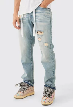 Blue Relaxed Rigid Ripped Let Down Hem Jeans With Extended Drawcords In Antique Blue