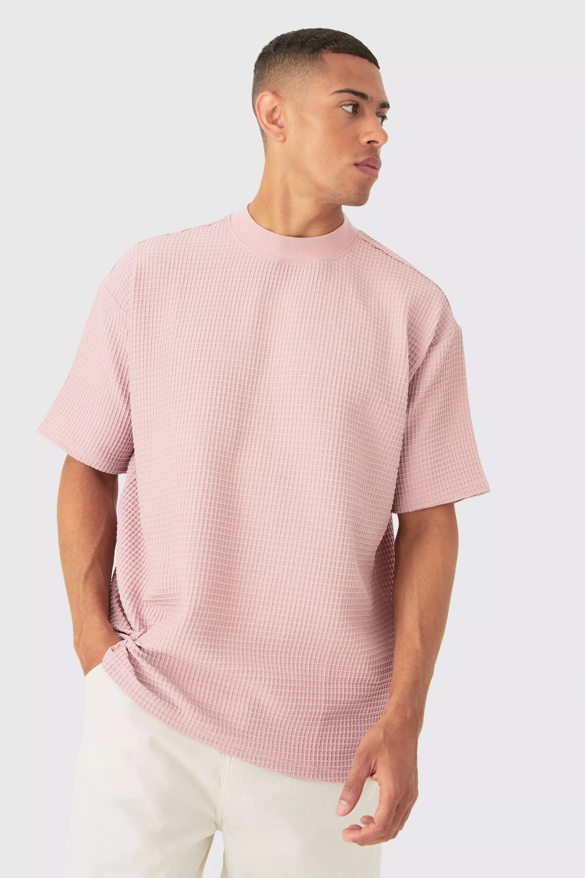Pink Oversized Extended Neck Waffle T-shirt