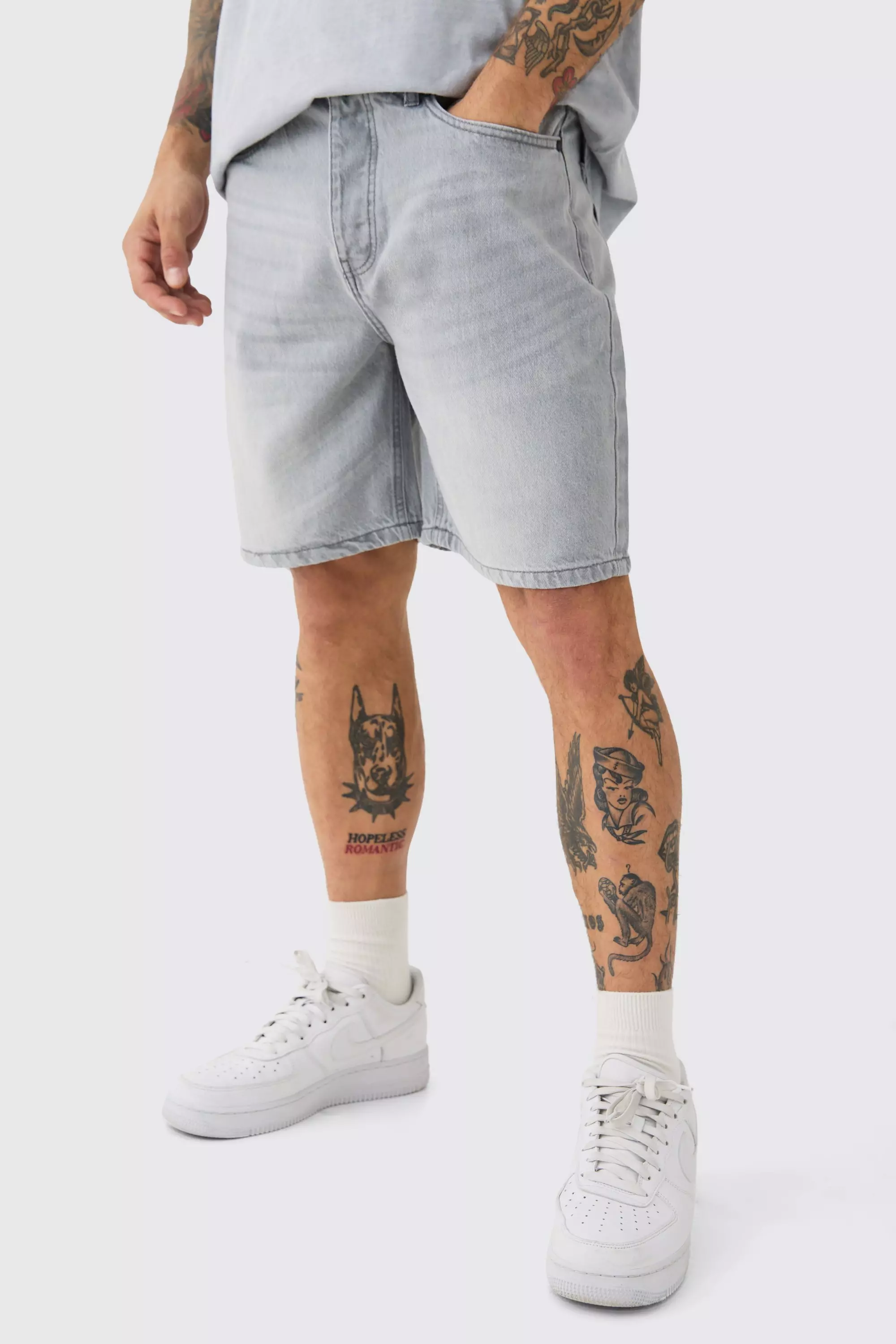 Relaxed Rigid Denim Shorts In Light Grey | boohooMAN USA