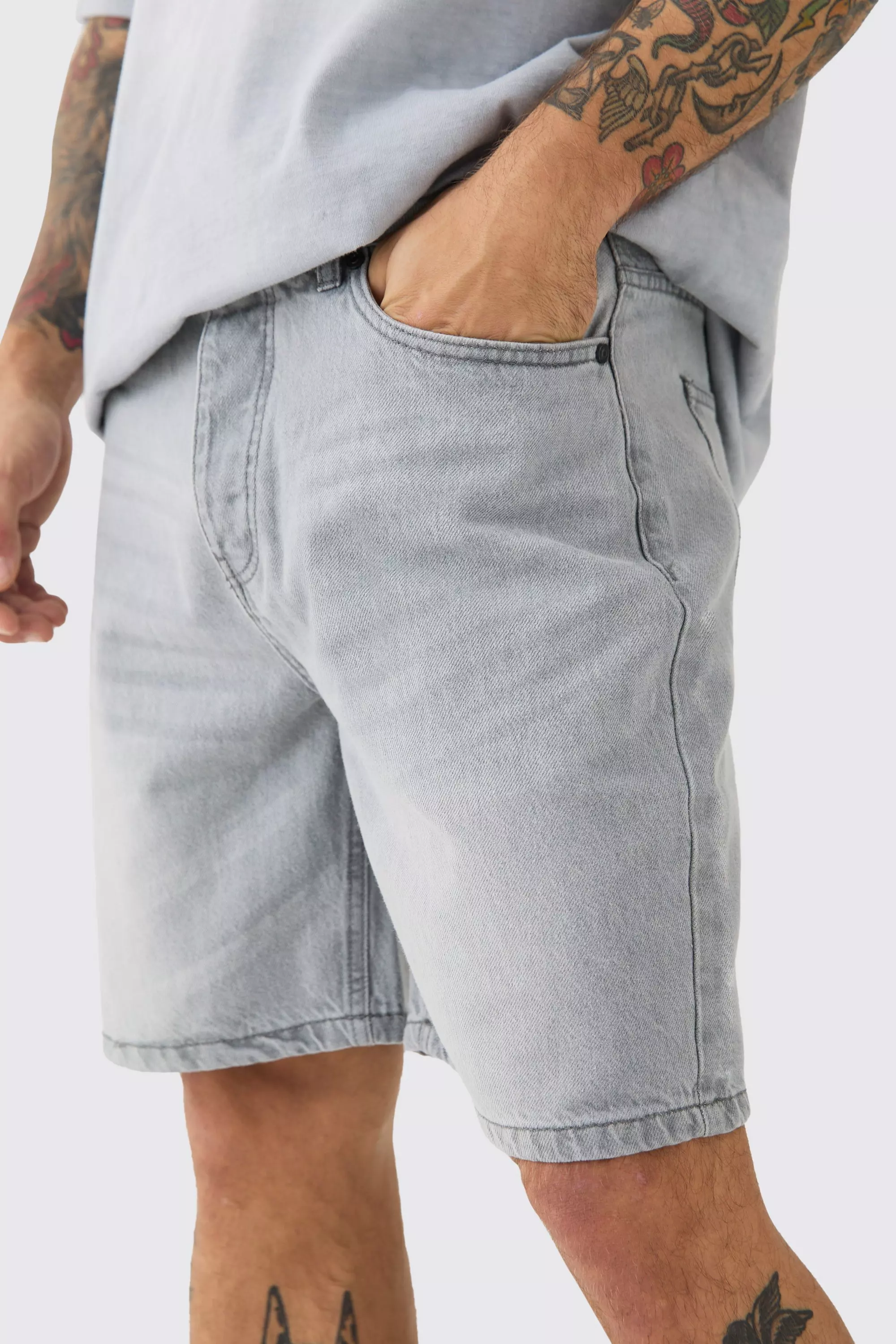 Relaxed Rigid Denim Shorts In Light Grey | boohooMAN USA