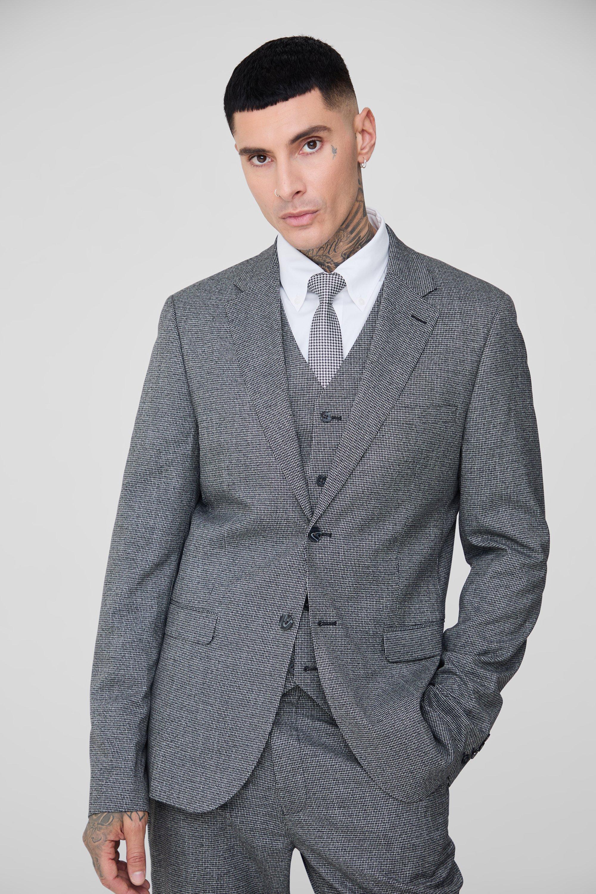 Grey Tall Slim Fit Dogtooth Colbert Met Enkele Rij Knopen