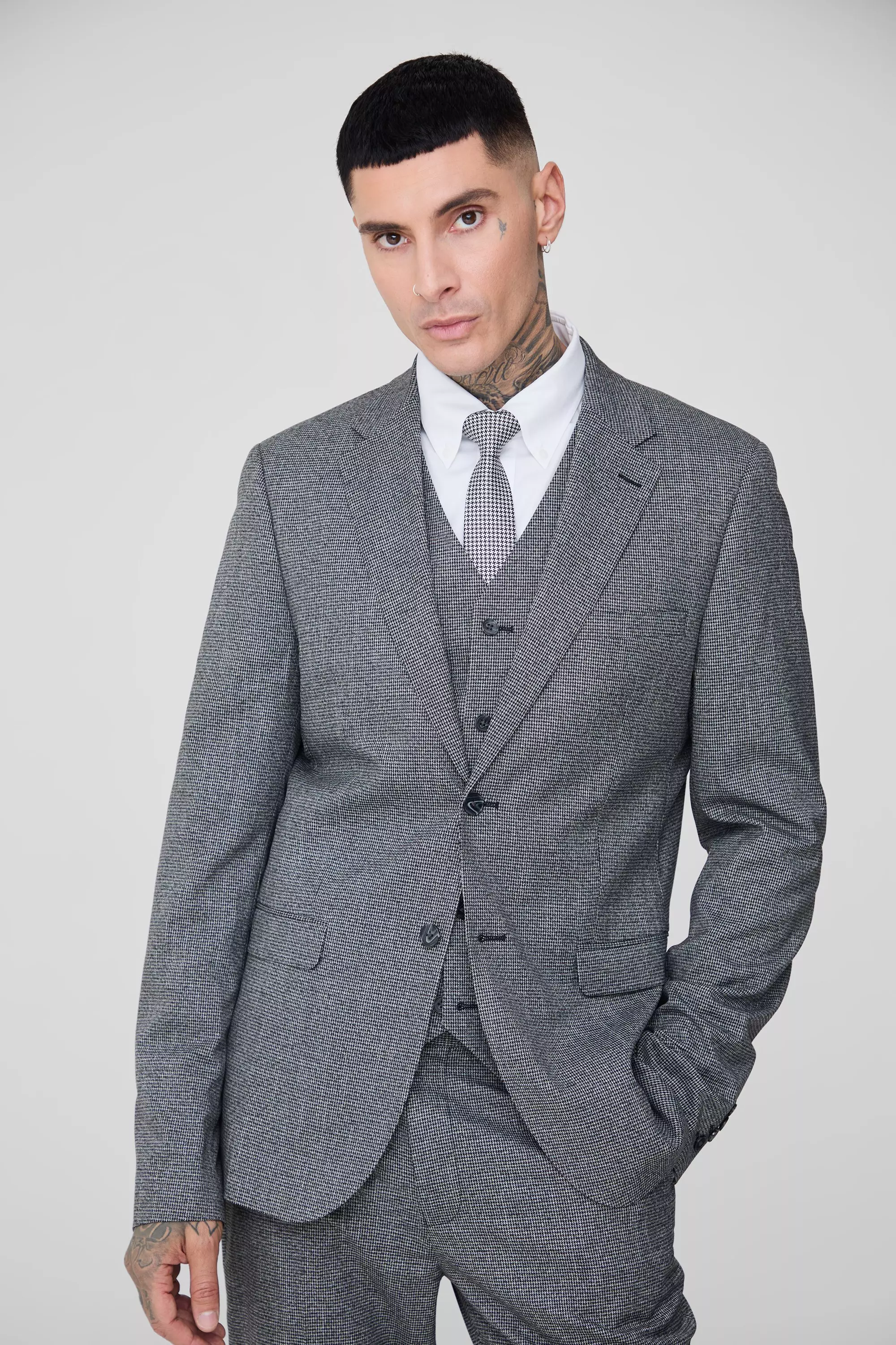 Tall Mini Dogtooth Single Breasted Slim Fit Suit Jacket Grey