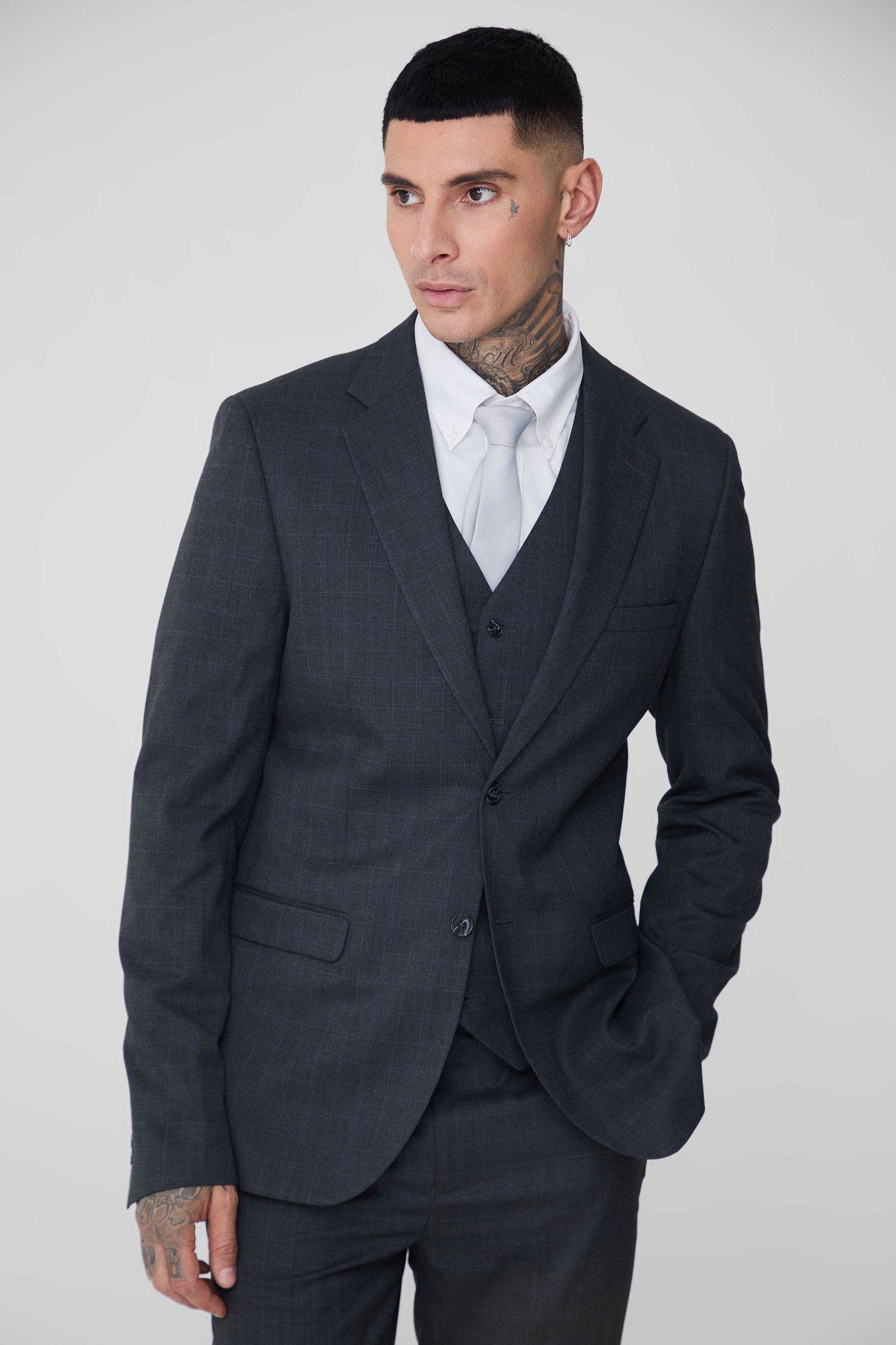 Tall Charcoal Plaid Single Breasted Slim Fit Suit Jacket