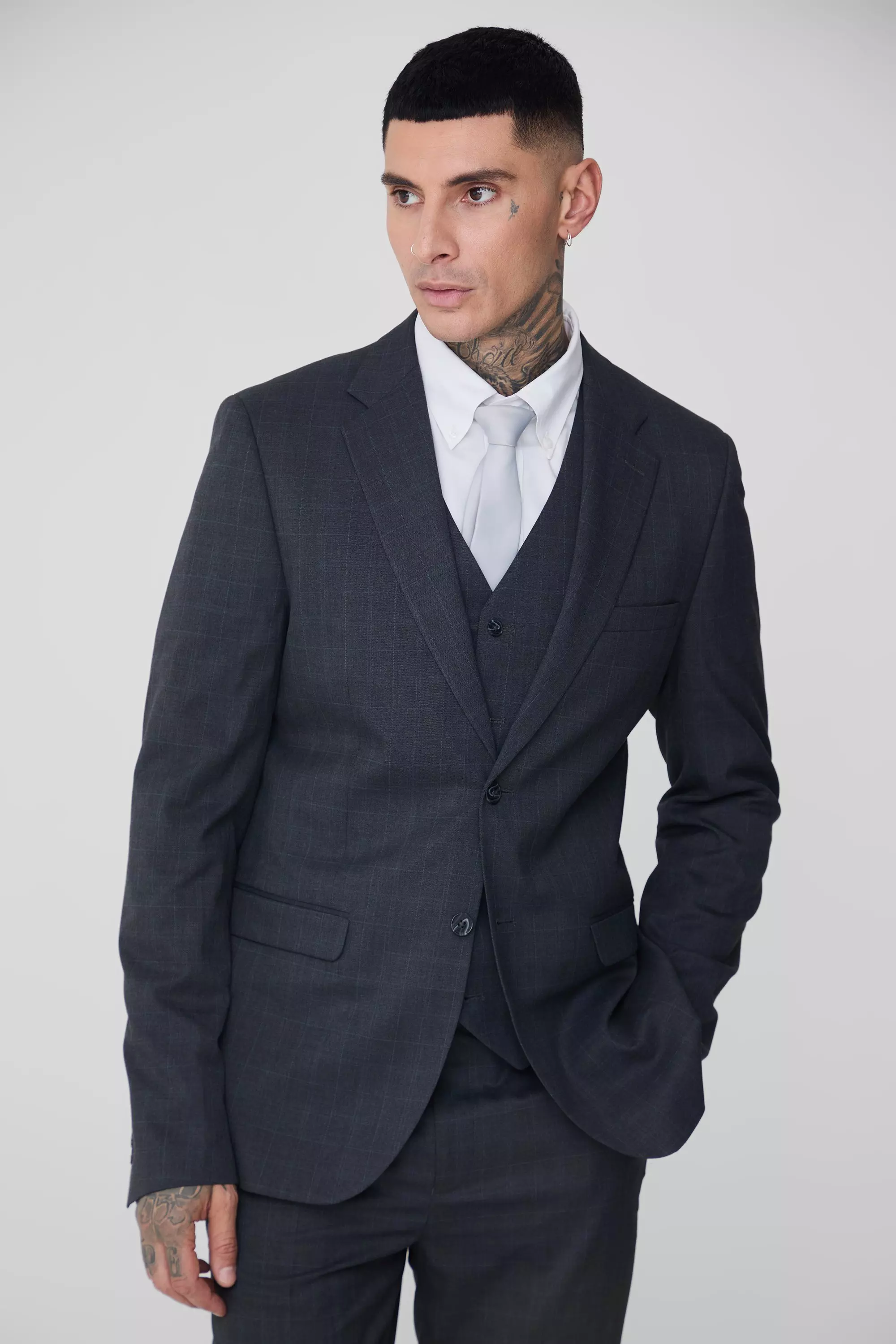 Tall Charcoal Plaid Single Breasted Slim Fit Suit Jacket Charcoal