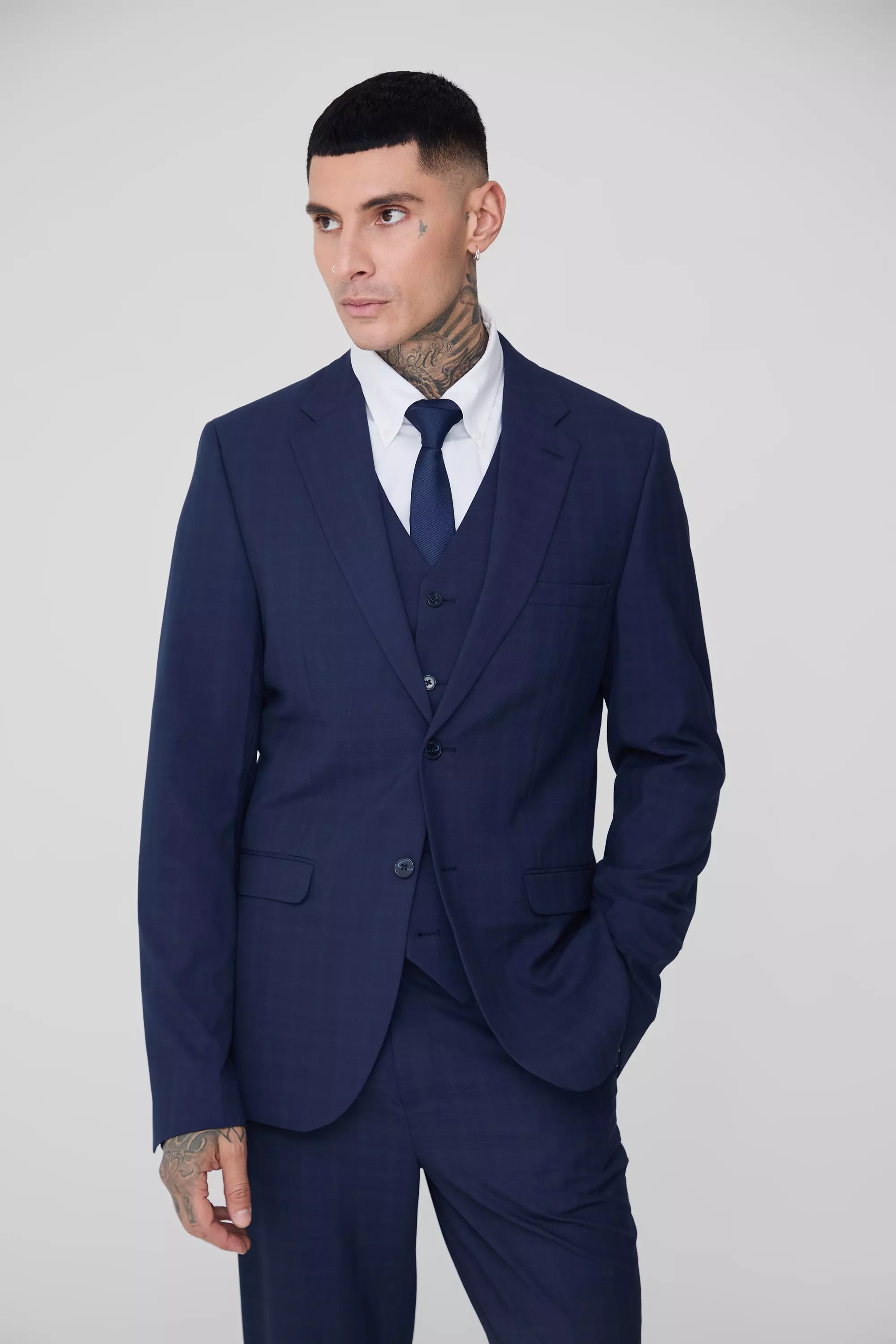 Blue Tall Dark Blue Plaid Single Breasted Slim Fit Suit Jacket