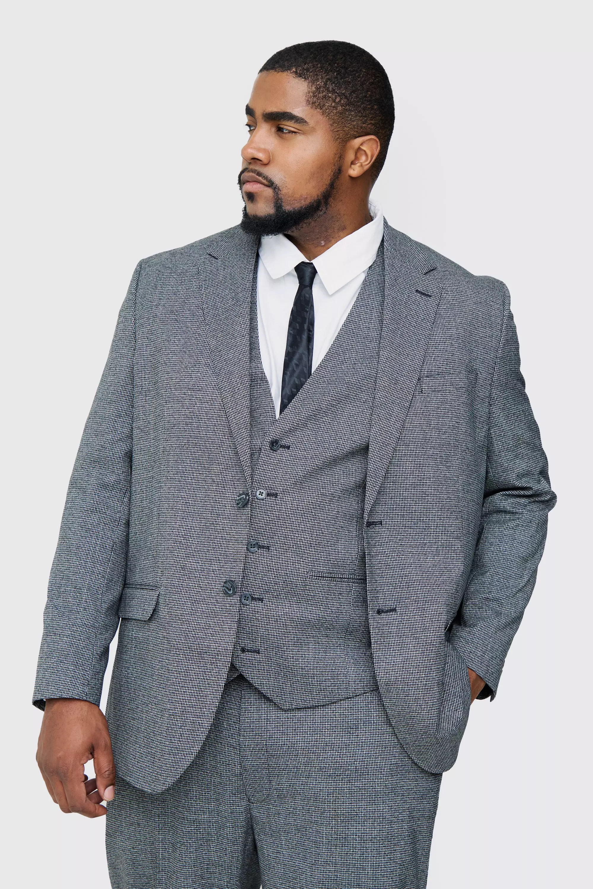 Plus Mini Dogtooth Single Breasted Regular Fit Suit Jacket Grey