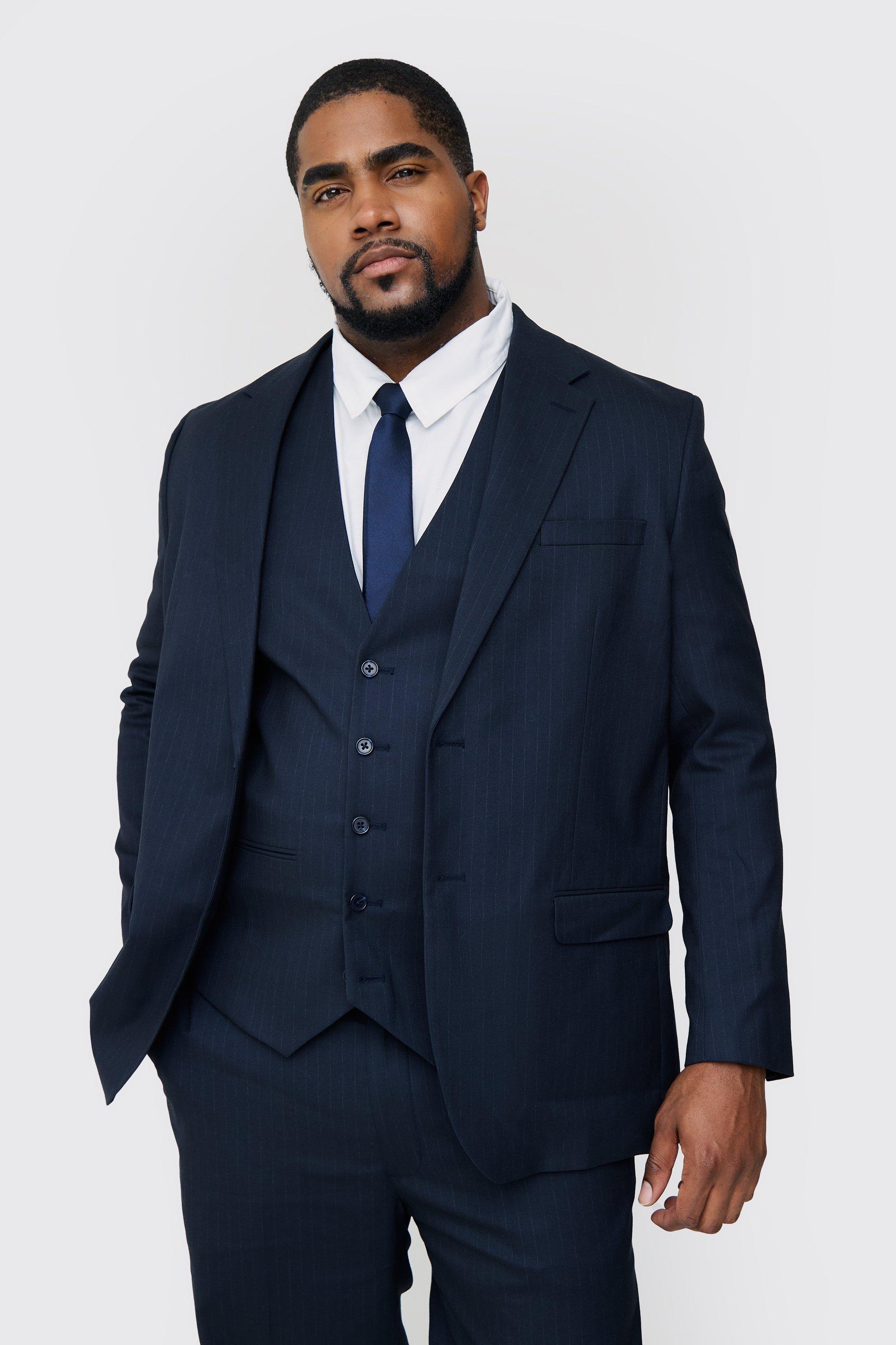 Plus Navy Pinstripe Single Breasted Regular Fit Suit Jacket