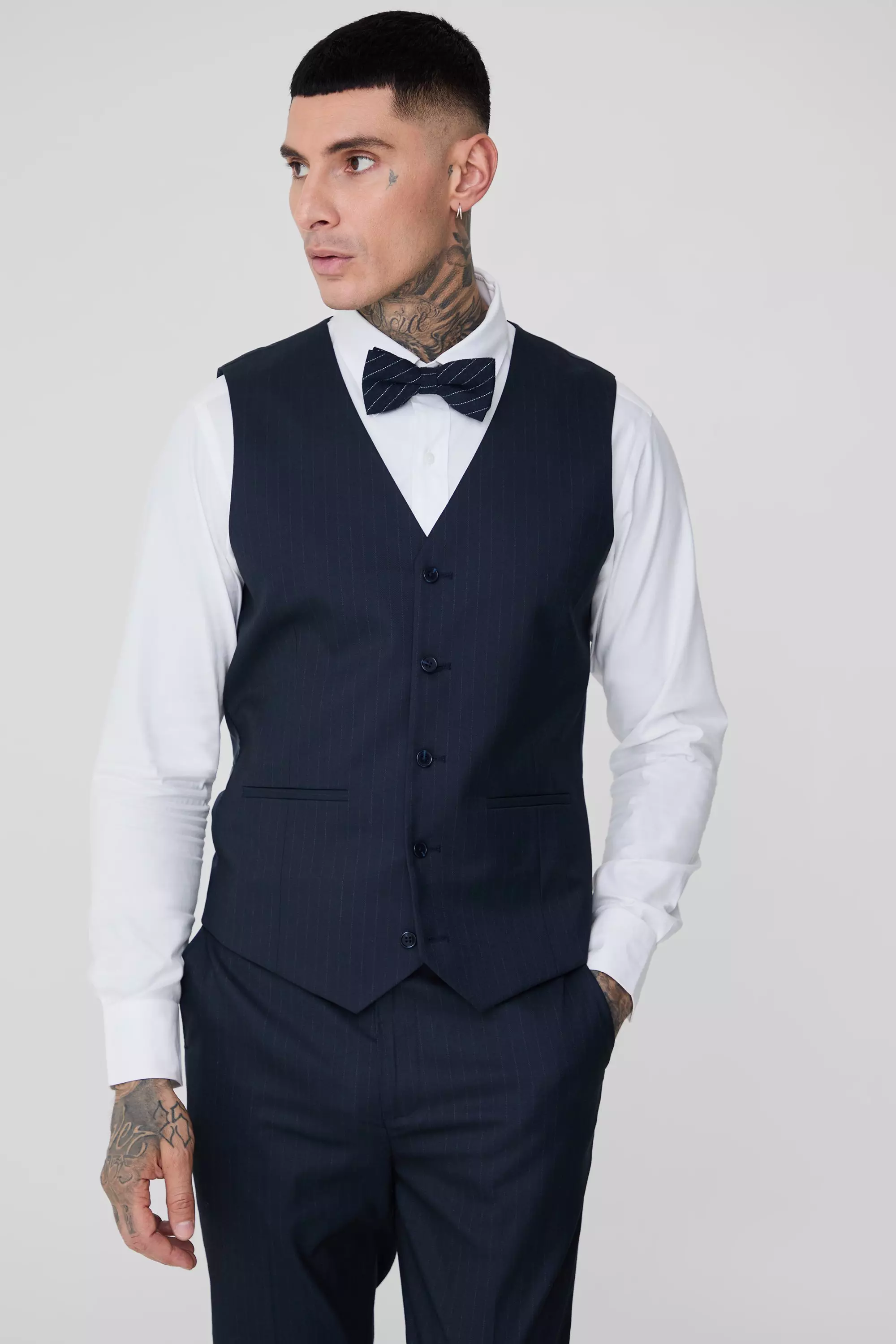 Tall Navy Pinstripe Waistcoat boohooMAN