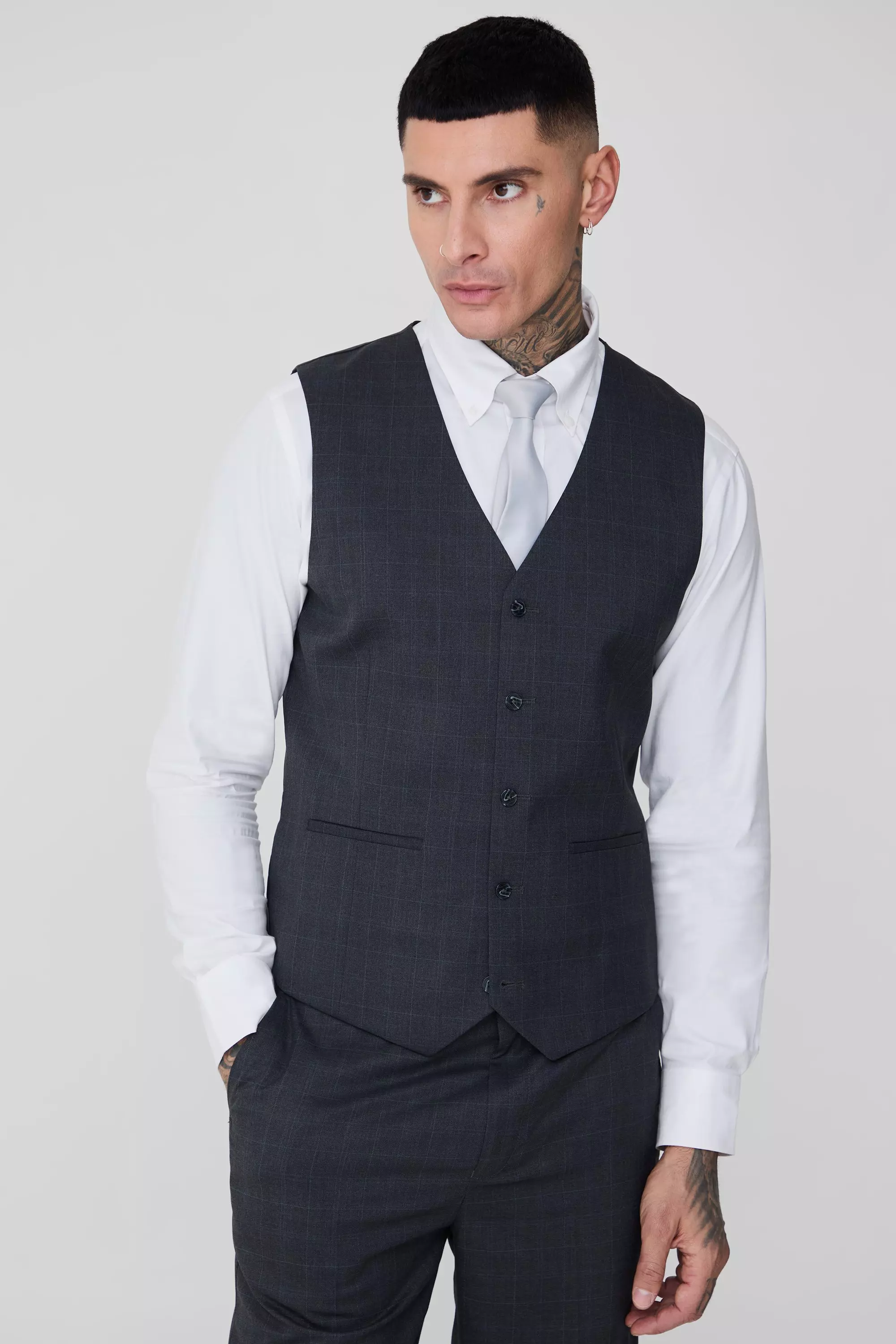 Tall Charcoal Check Waistcoat Charcoal