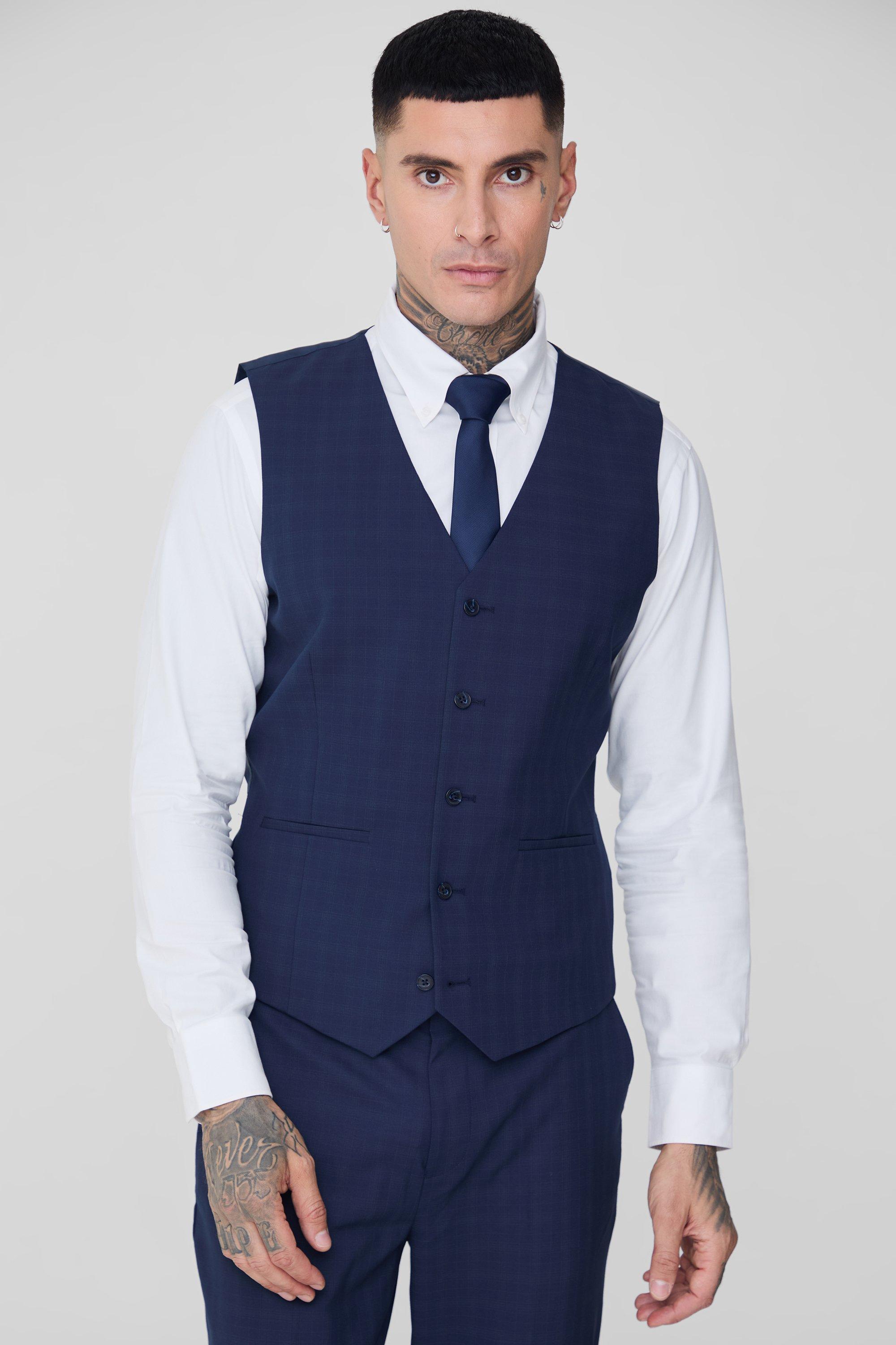 Tall Dark Blue Check Waistcoat