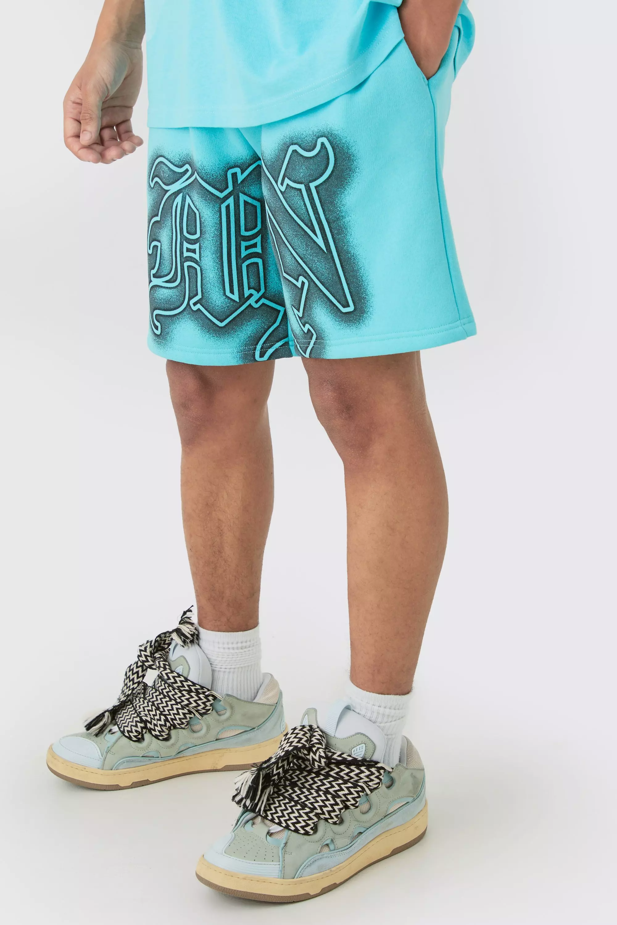 Aqua Blue Relaxed Gothic Man Graffiti Spray Short