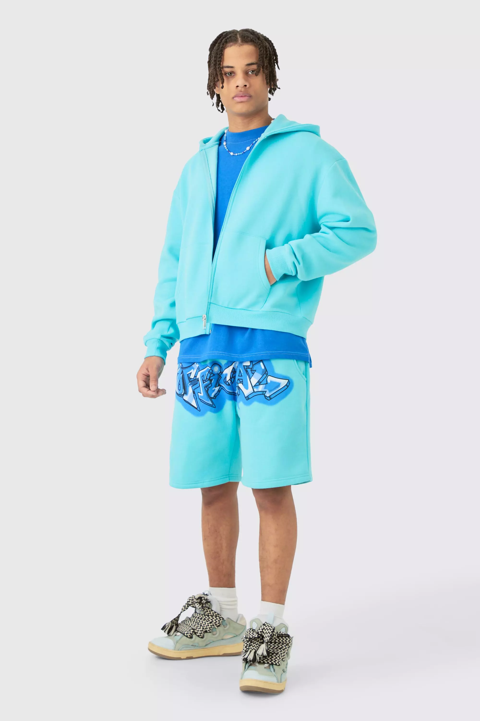 Oversized Boxy Zip Up Official Graffiti Spray Hoodie And Shorts Set boohooMAN UK