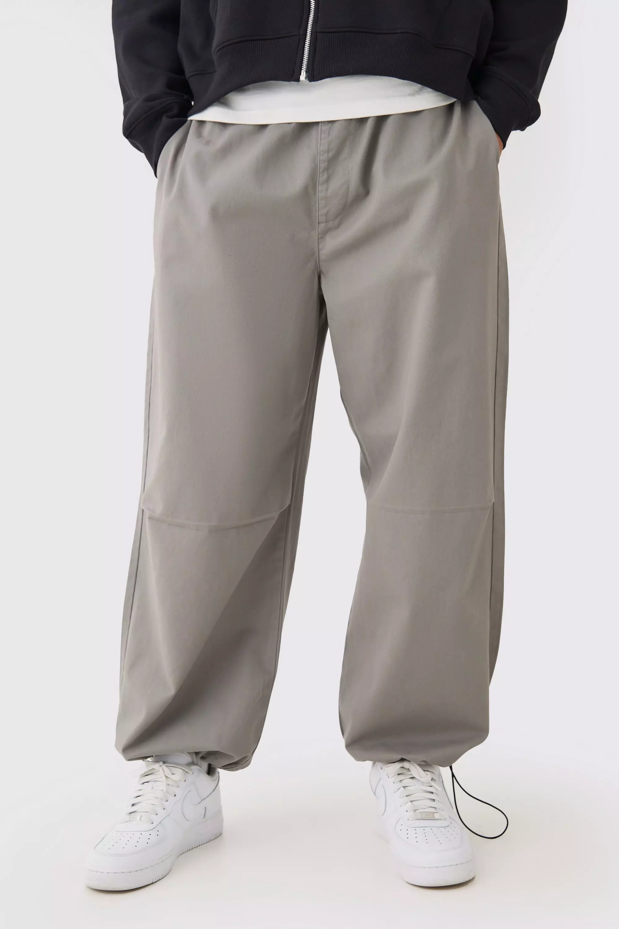 Grey Bungee Waist Twill Parachute Pants