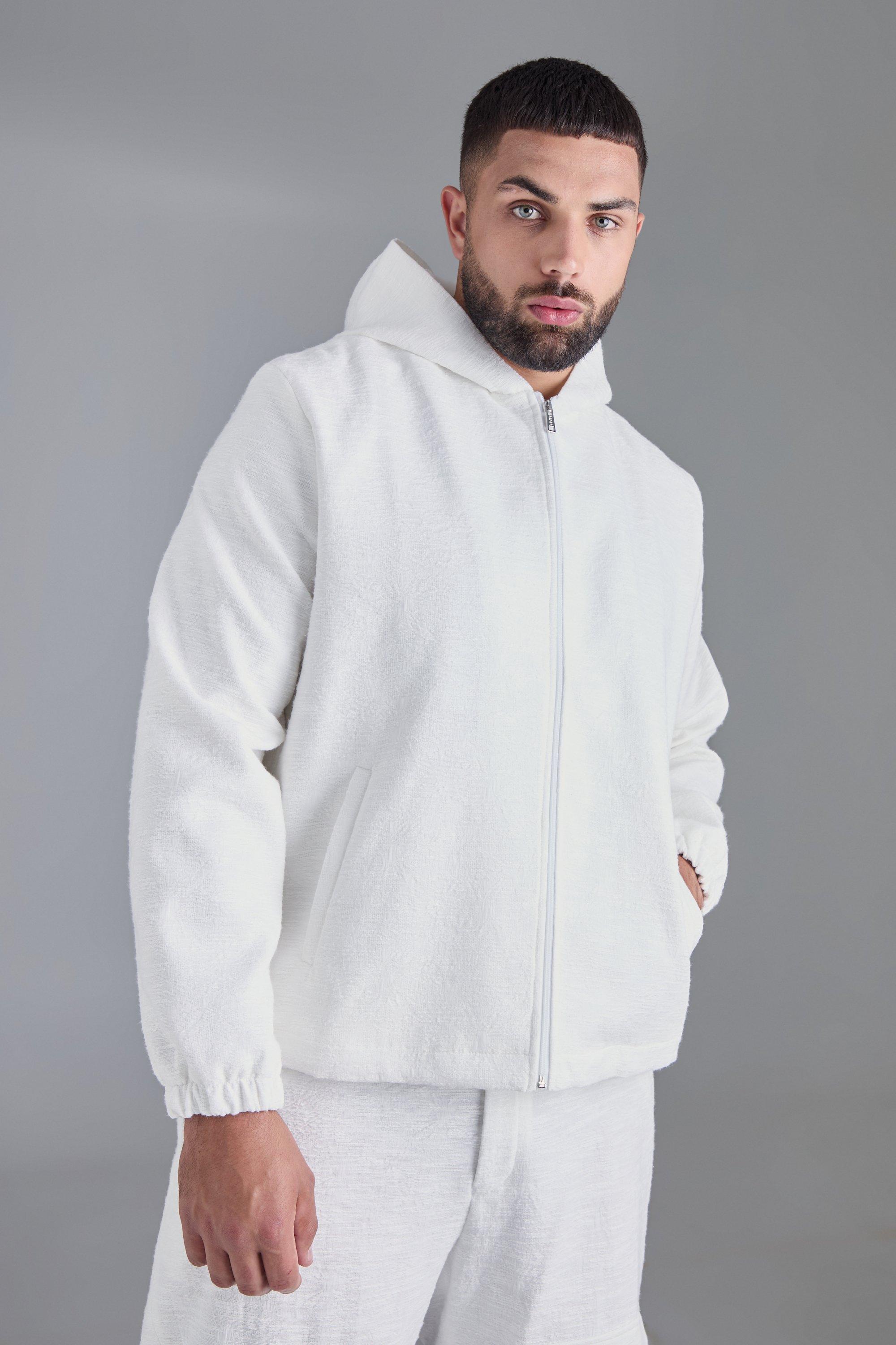 Plus strukturierte smarte Jacquard-Jacke aus Baumwolle mit Kapuze, White