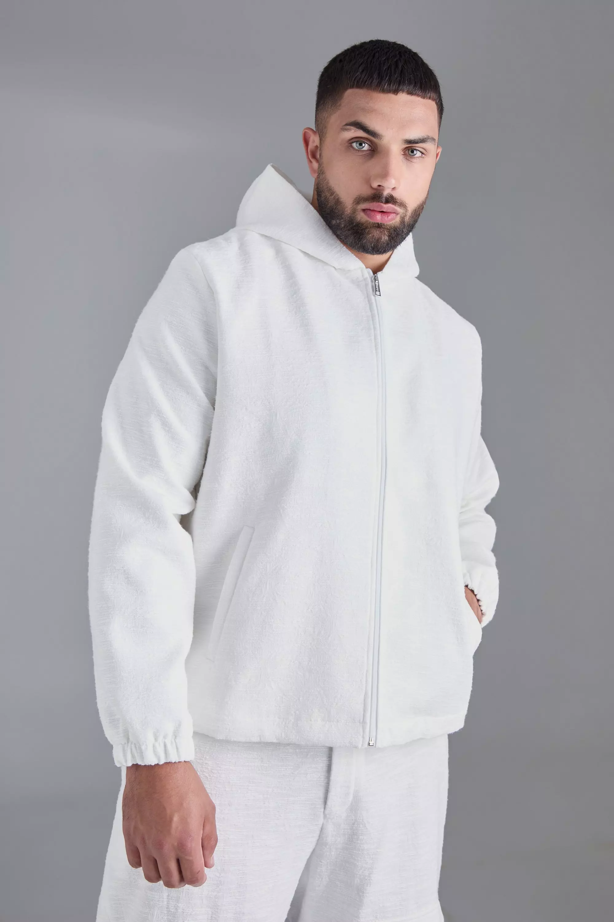 Plus Textured Jacquard Smart Hooded Jacket White