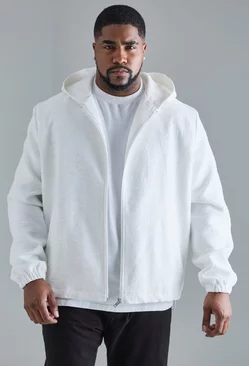 White Plus Textured Cotton Jacquard Smart Hooded Jacket