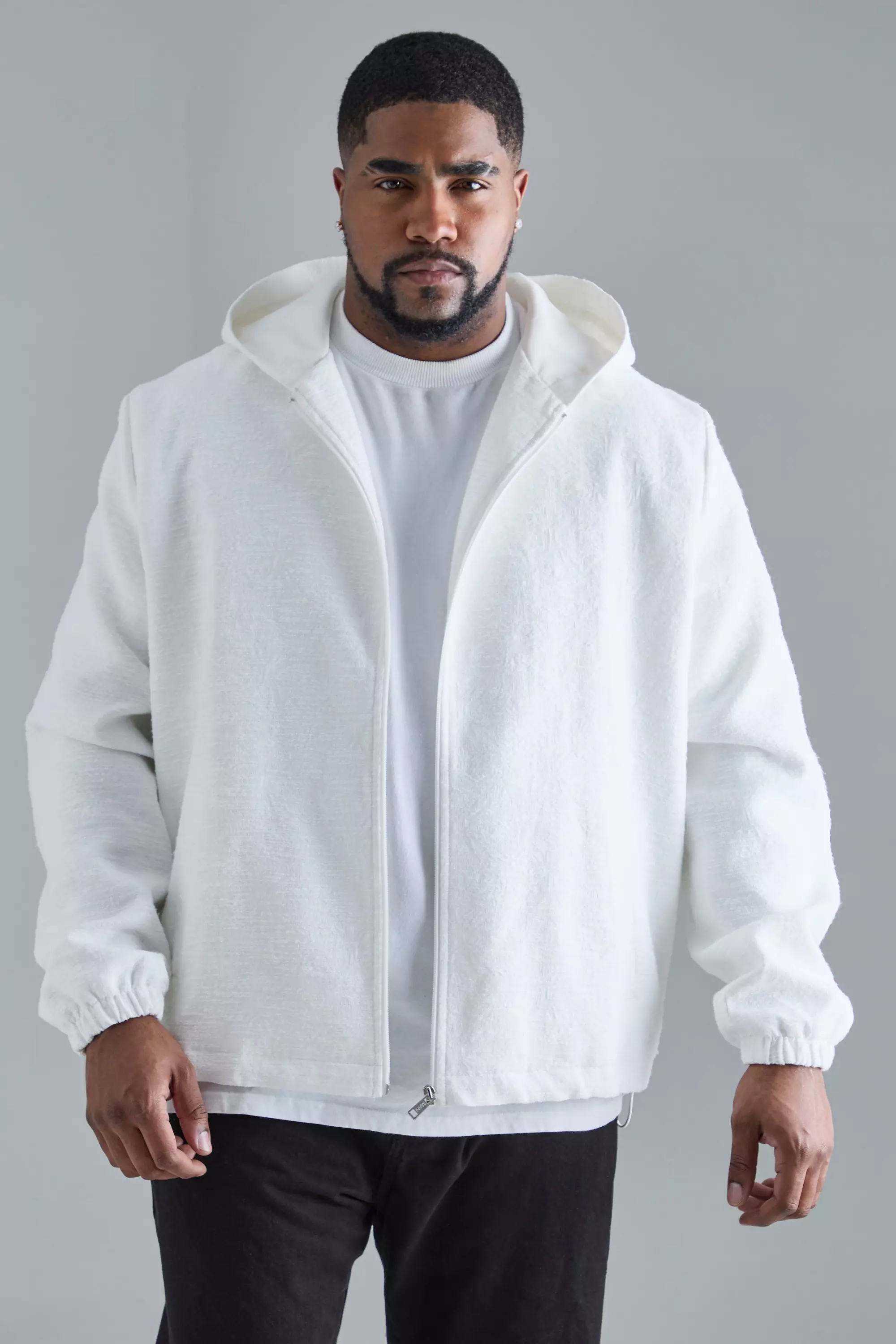 Plus Textured Cotton Jacquard Smart Hooded Jacket White
