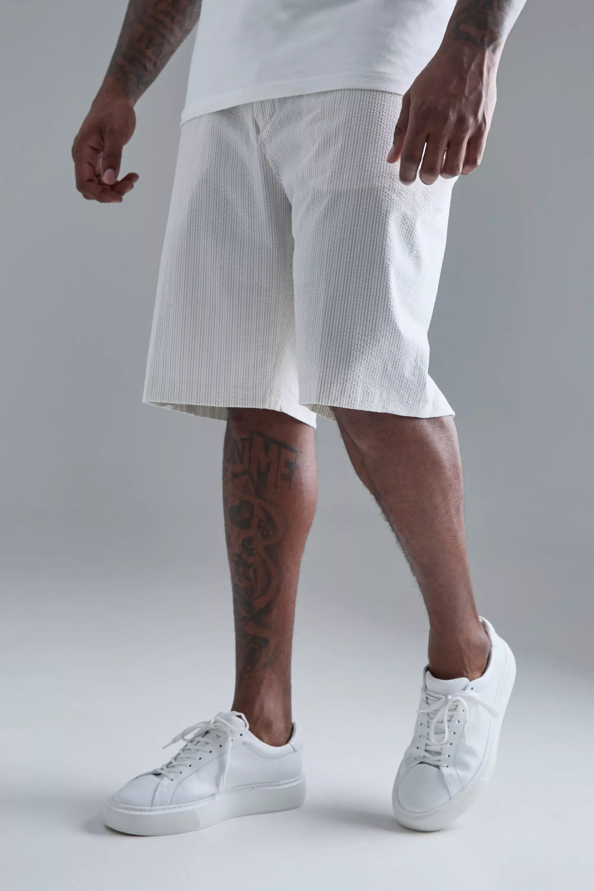 Ecru White Plus Stripe Seersucker Drawcord Regular Fit Shorts