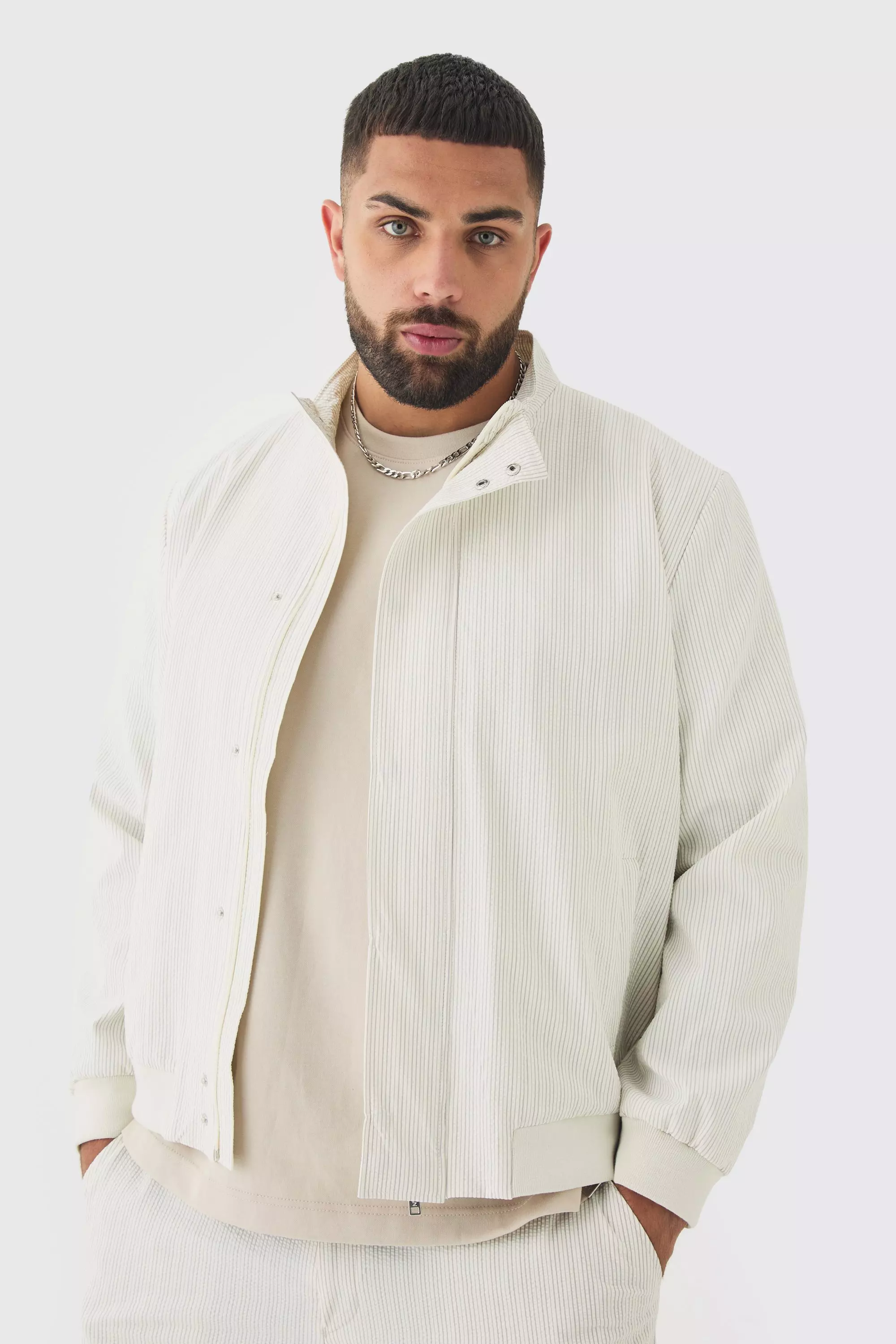 Ecru Plus Stripe Seersucker Funnel Neck Smart Jacket alternative image