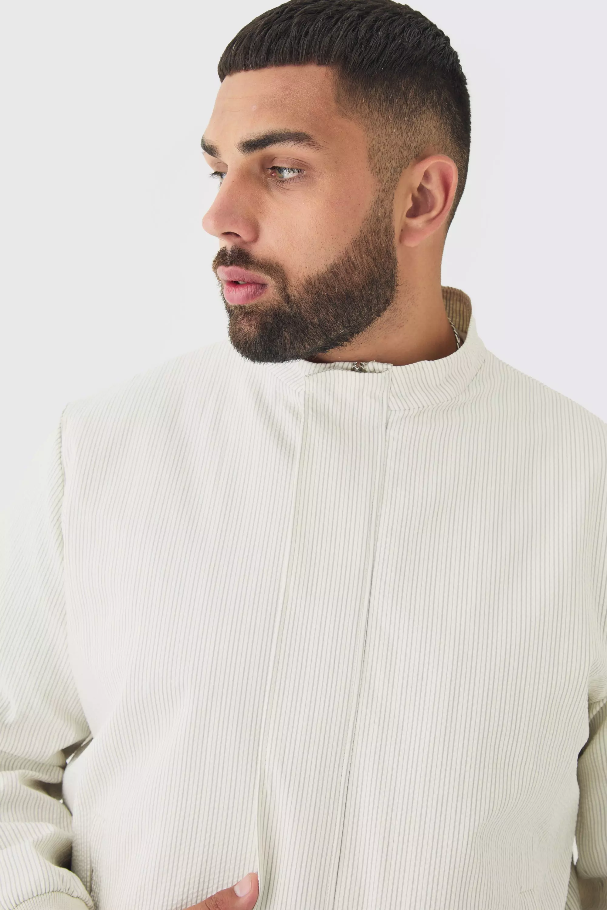 Ecru Plus Stripe Seersucker Funnel Neck Smart Jacket alternative image