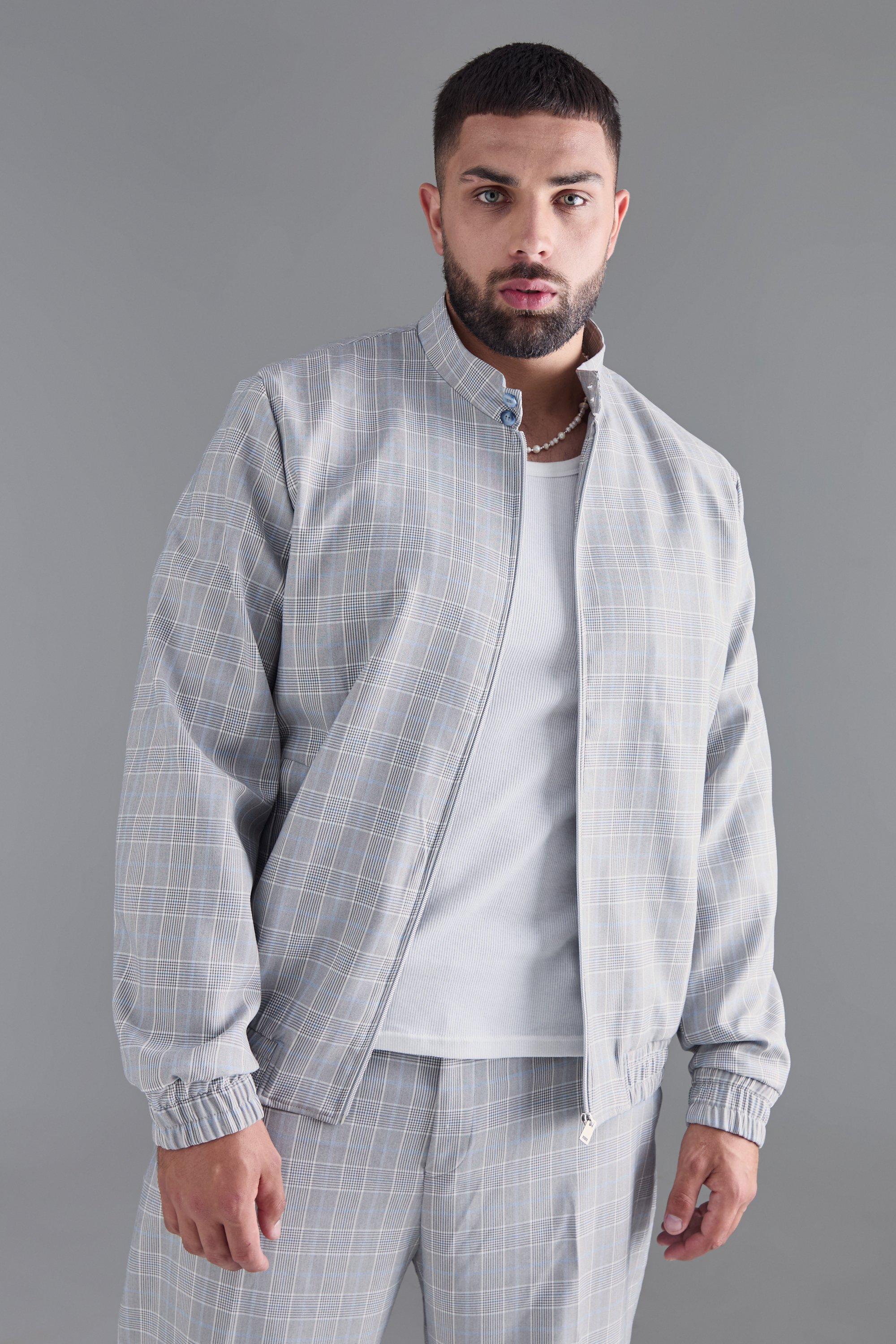 Grey Plus Check High Neck Zip Up Smart Bomber Jacket