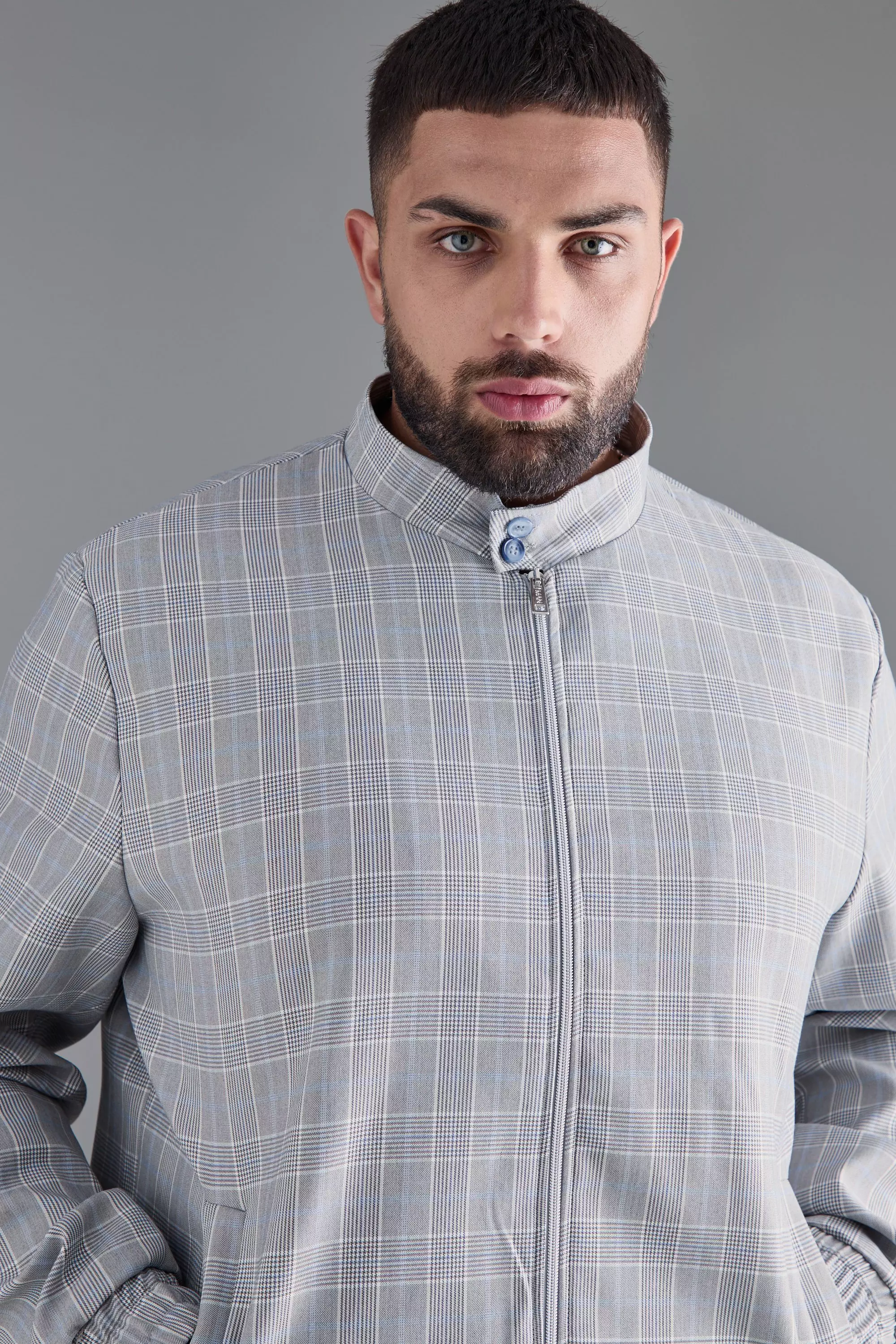 Grey Plus Check High Neck Zip Up Smart Bomber Jacket alternative image