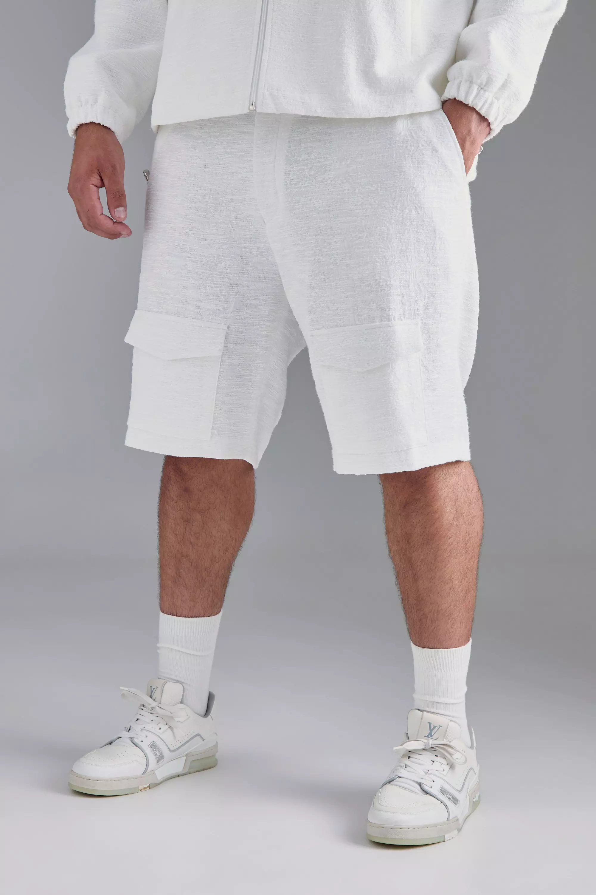 Plus Textured Cotton Jacquard Smart Cargo Shorts White