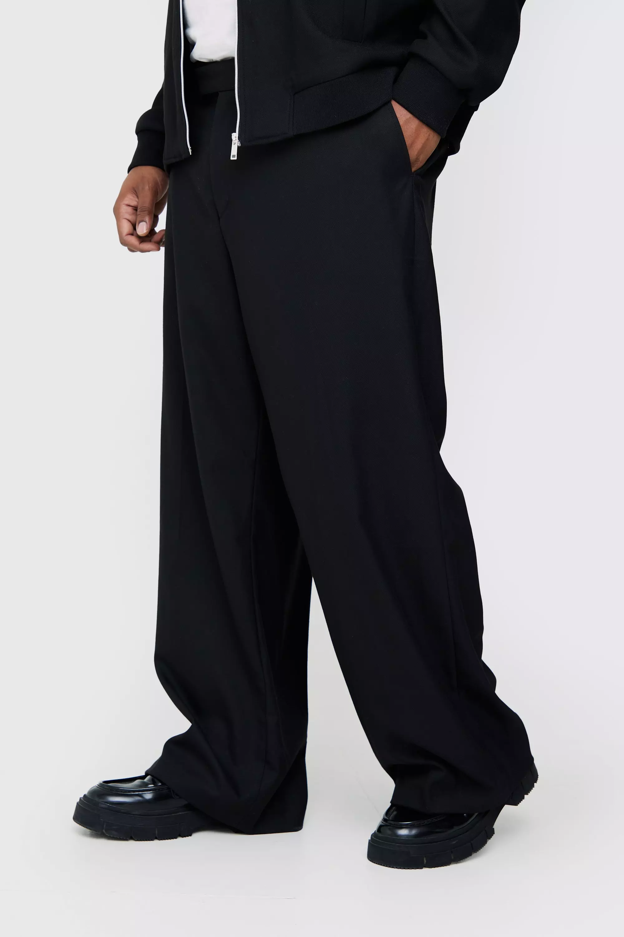 Plus Side Stripe Drawcord Crop Straight Fit Trousers Black